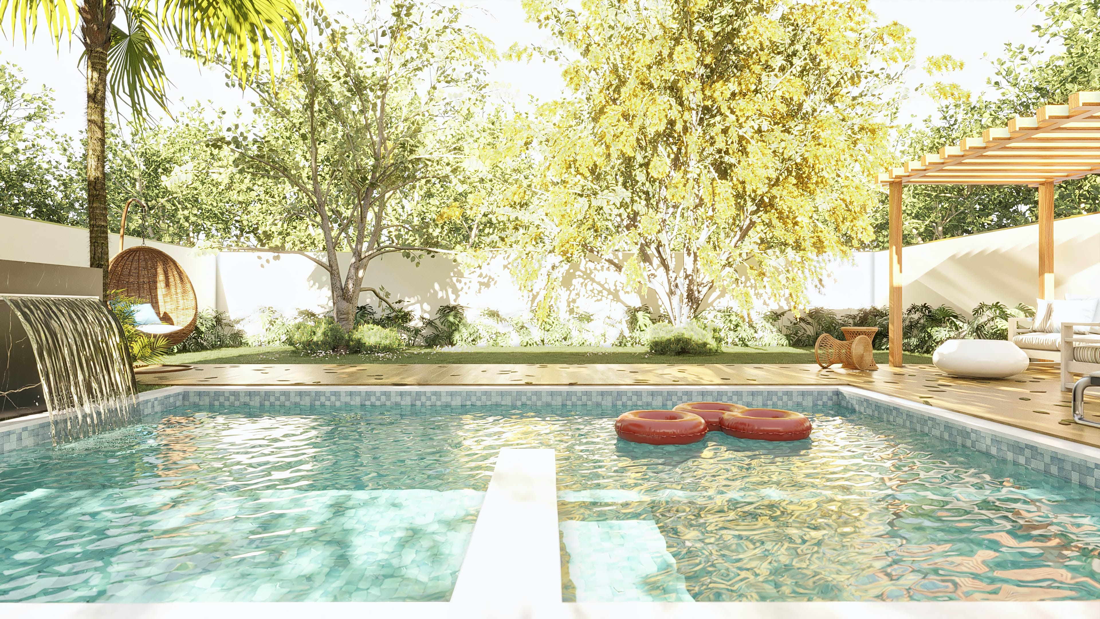 Architectural project of a single-story house with a complete leisure area, featuring a pool with a waterfall, a wooden deck, and an integrated gourmet area.