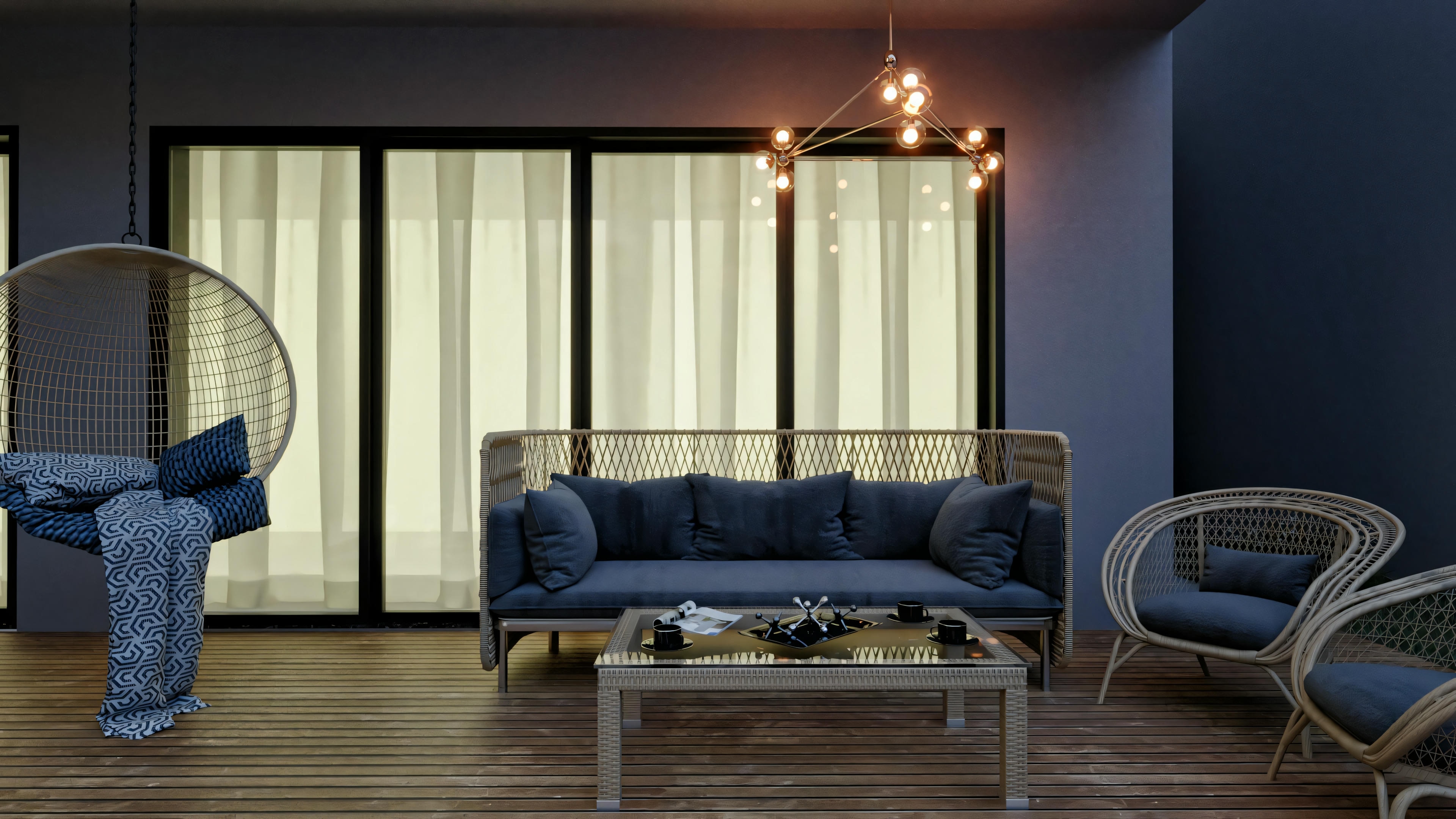 Vista frontal del lounge en la terraza cubierta de casa moderna (4 suites, 316.98m²), mostrando sofá y sillones en fibra, columpio, mesa de centro sobre terraza de madera y lámpara colgante moderna.