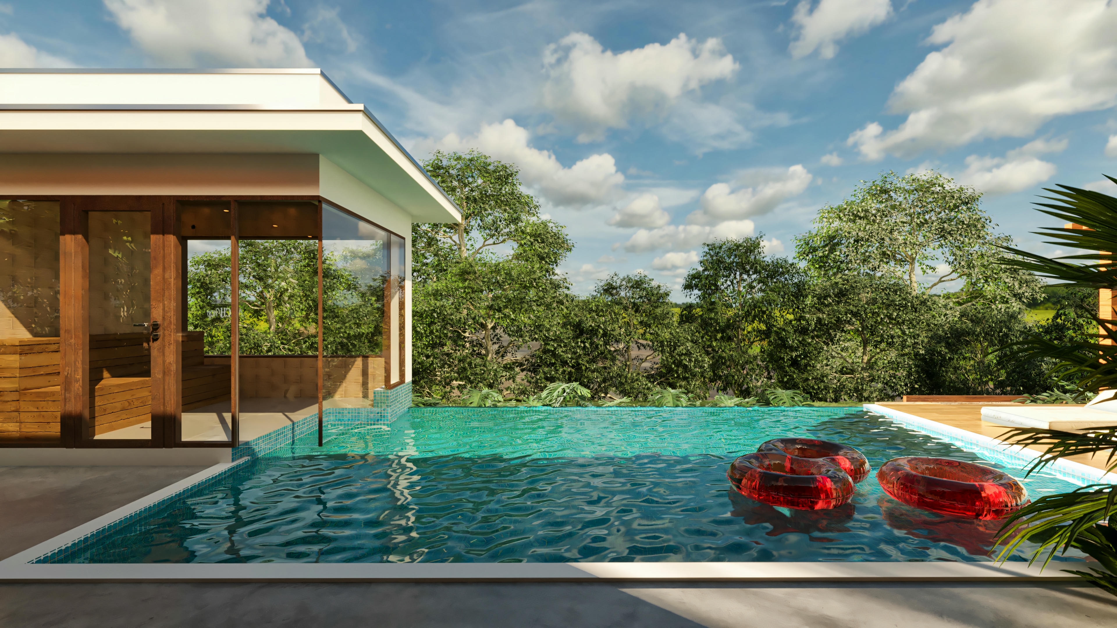 Detail of the pool area in a modern and imposing house project. Shows pool, deck, landscaping with vegetation, and part of the house facade. Leisure area belongs to a 555.9m² project with 4 suites and a gourmet area.