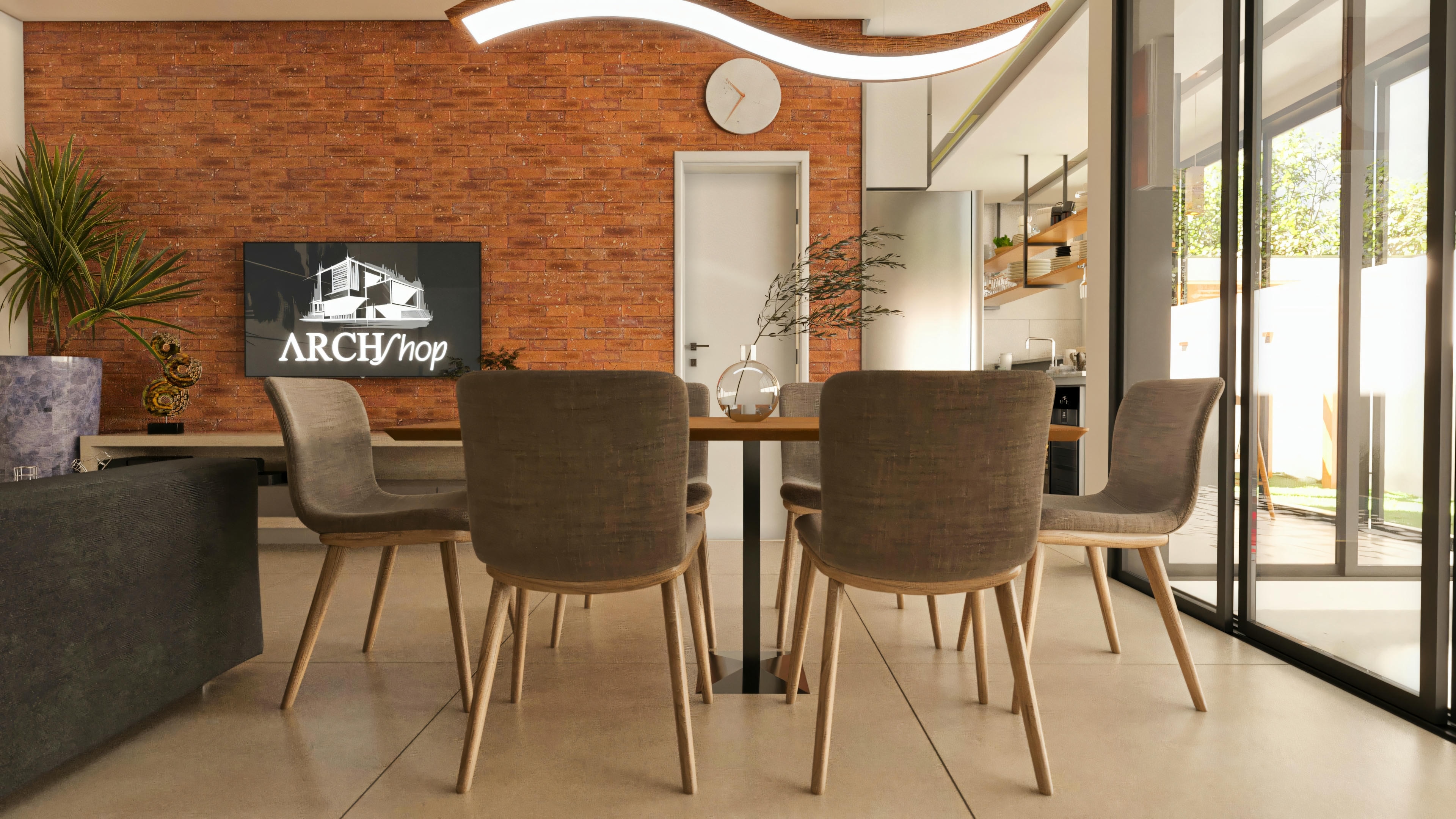 Dining room with table and upholstered chairs, exposed brick wall with TV, and modern design pendant lamp. This environment is part of a 394.84sqm house project on a 20x25 lot, with 4 suites, pool, office, and gourmet area.