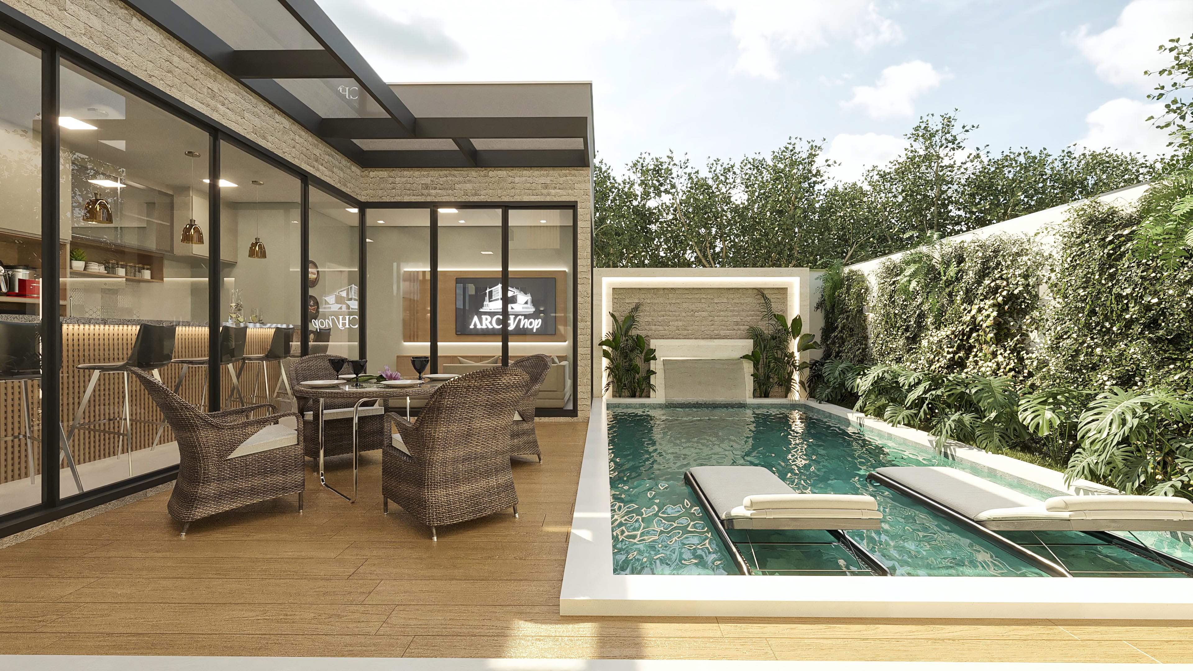 External view of a modern two-story house with an integrated gourmet area and pool, featuring a stone facade and wood and glass details.