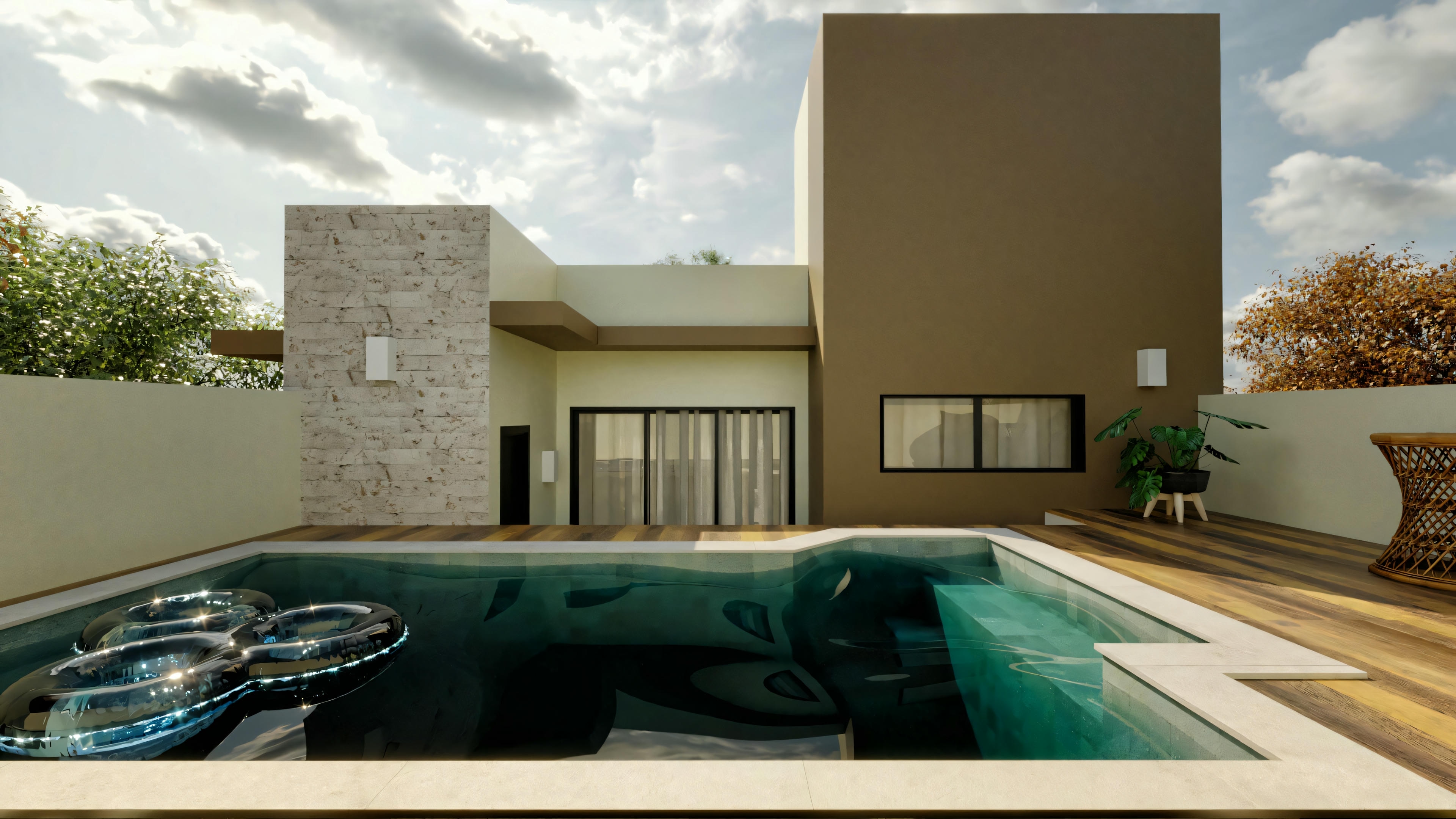 An outdoor scene com a pool, patio area, e a flat-roofed building under a clear sky.
