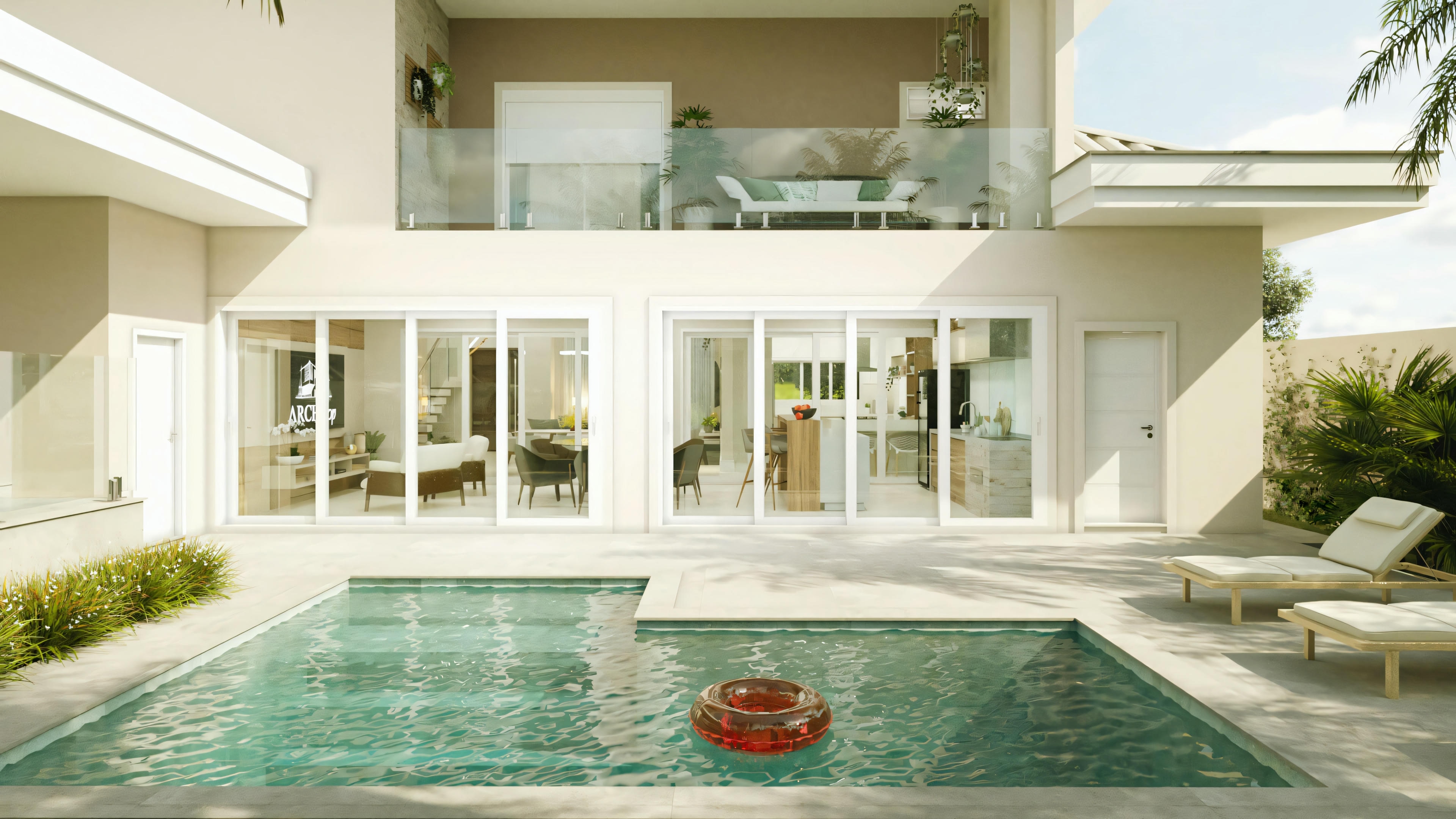 An outdoor area with a pool, seating, and a view of the house's interior.