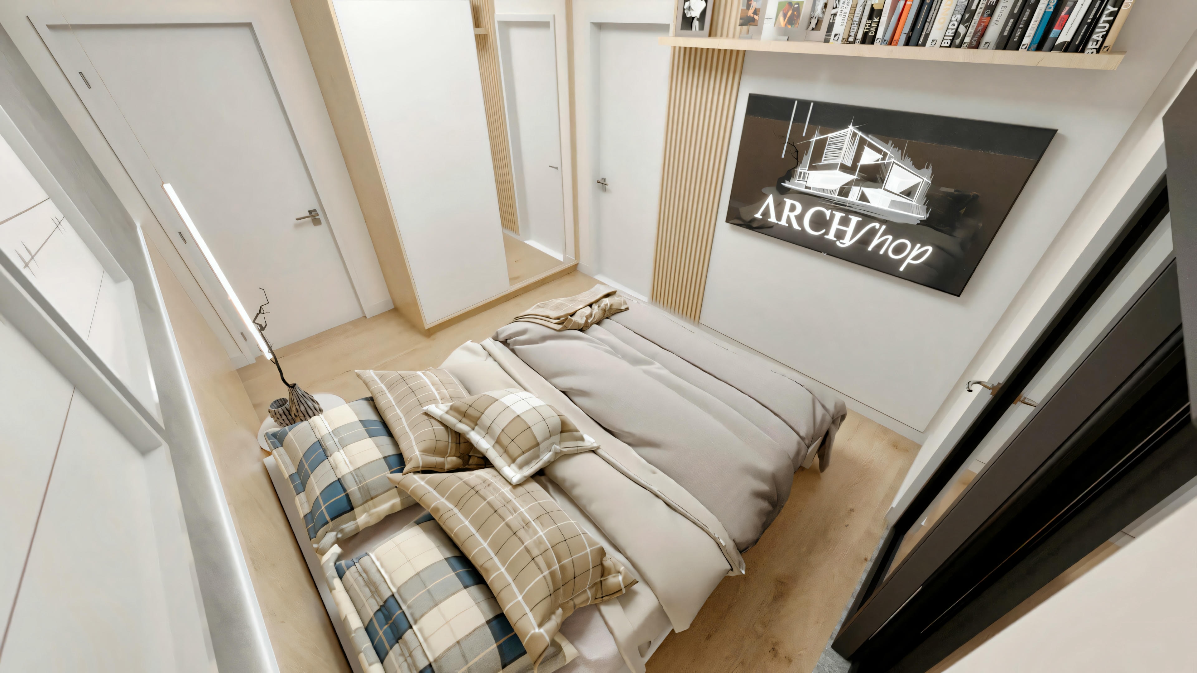 Vista angular superior de um quarto pertencente ao projeto pronto de 5 suítes, mostrando a cama de casal arrumada, painel de madeira decorativo, armário branco embutido, prateleira com livros e piso amadeirado.