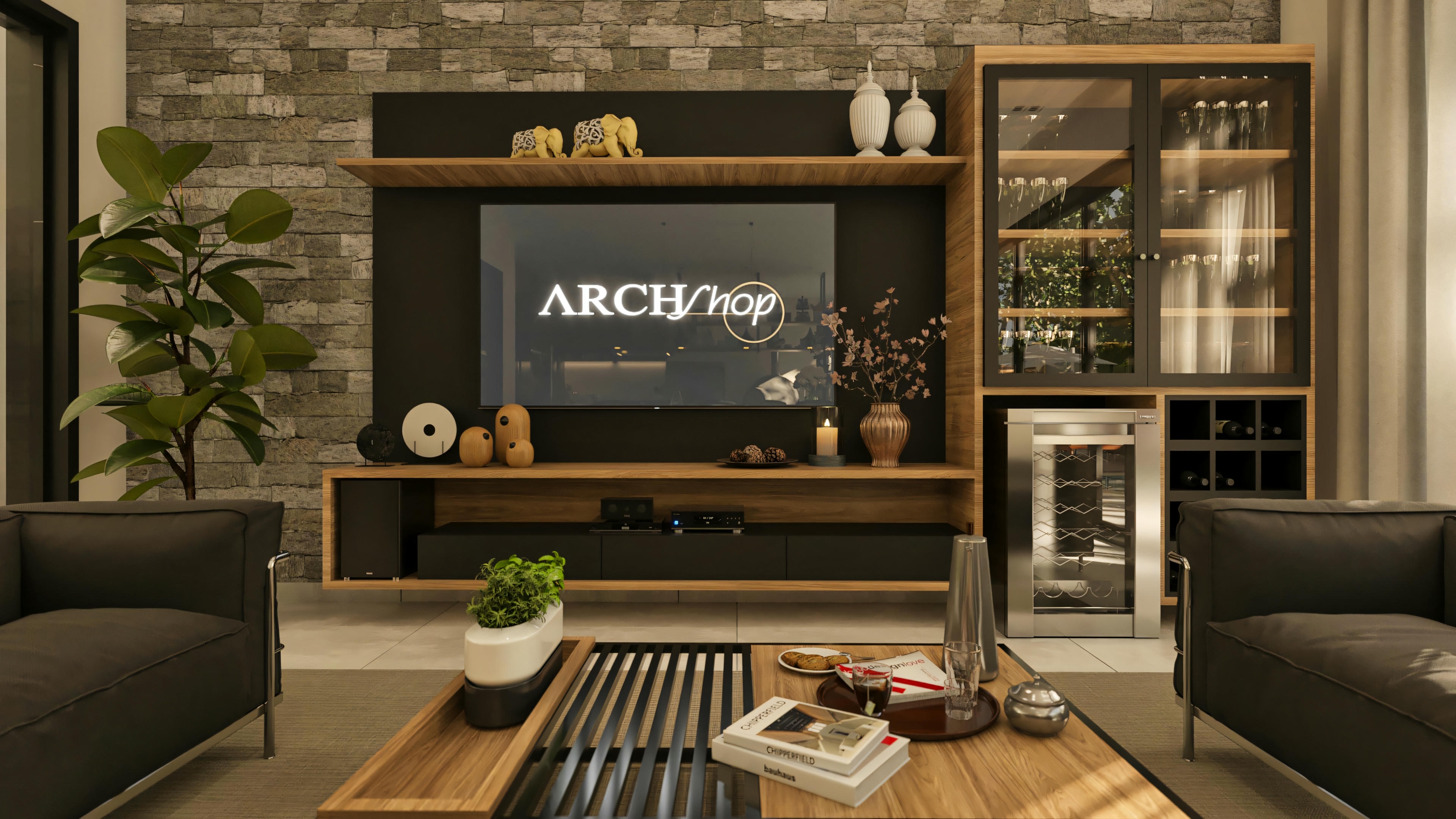 Sala de TV de la casa de alto estándar con 5 suites, decorada con pared en piedra natural, panel de TV y rack combinando madera y laca negra, vitrina iluminada con bodega climatizada y sofás confortables.