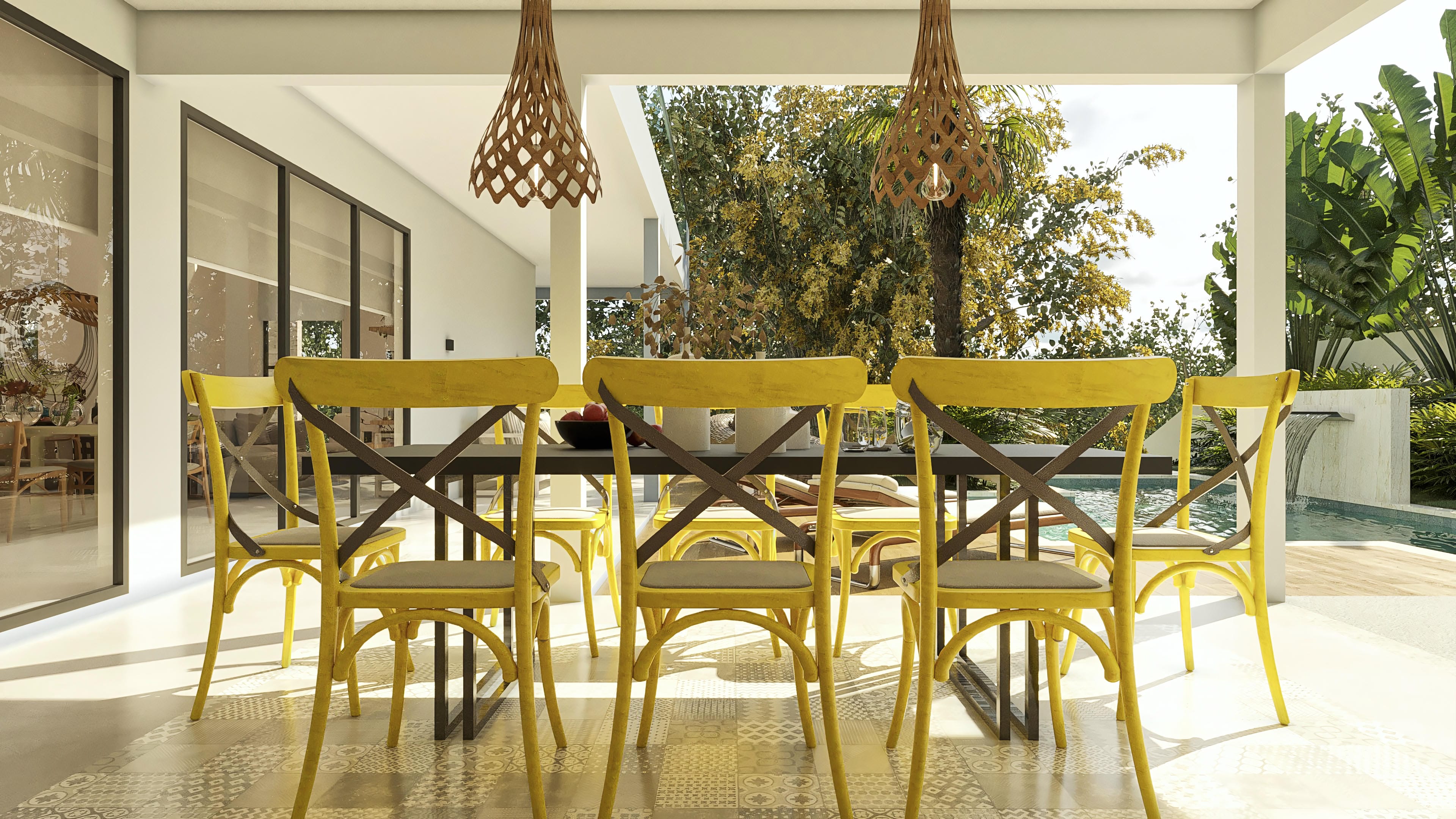 Área gourmet de sobrado moderno com mesa, cadeiras amarelas vibrantes, luminárias esculturais, piscina e paisagismo exuberante.