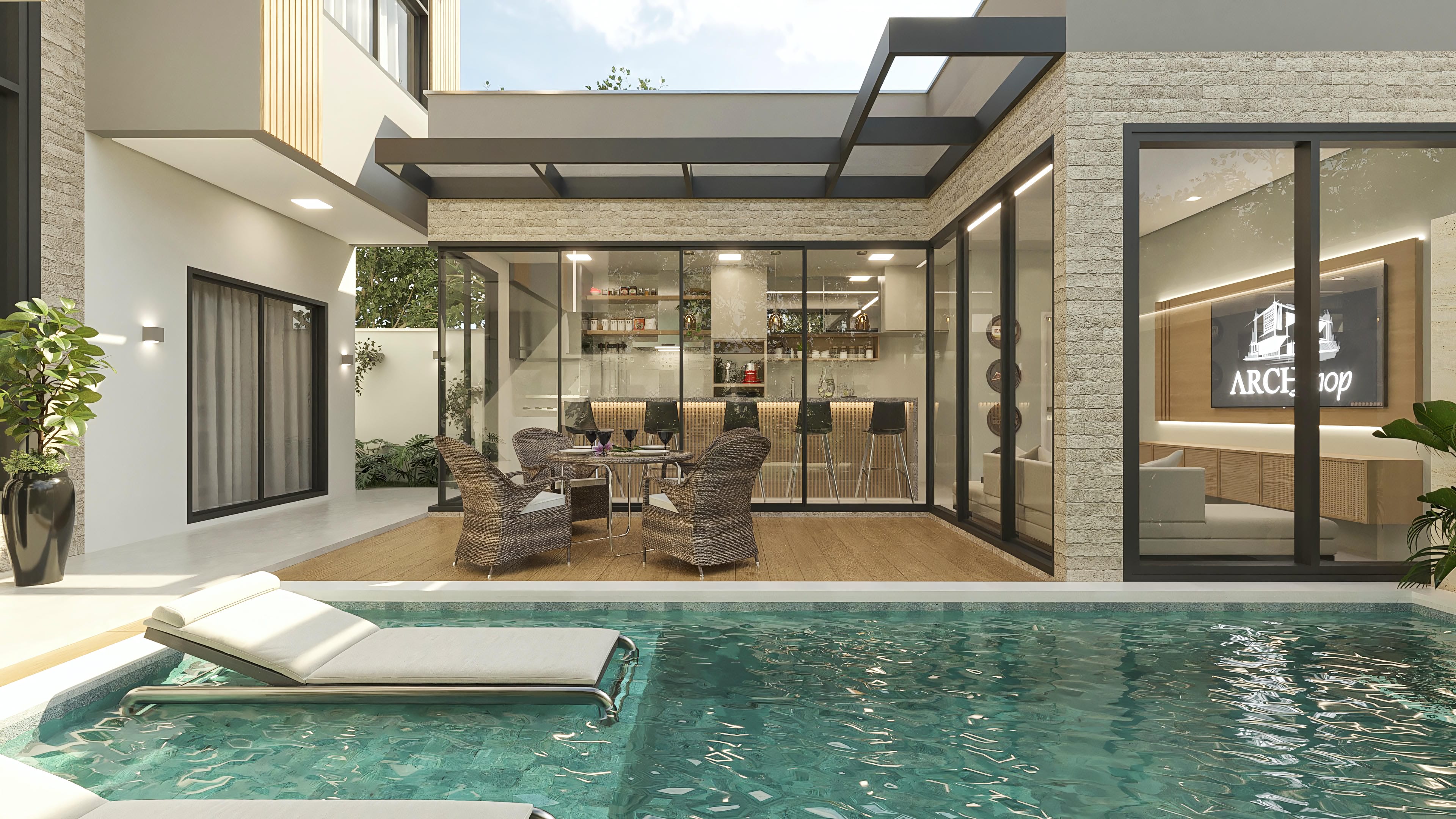 Área de ocio de casa de dos pisos moderna con piscina, barbacoa integrada a la cocina gourmet con encimera y taburetes, y deck en madera.