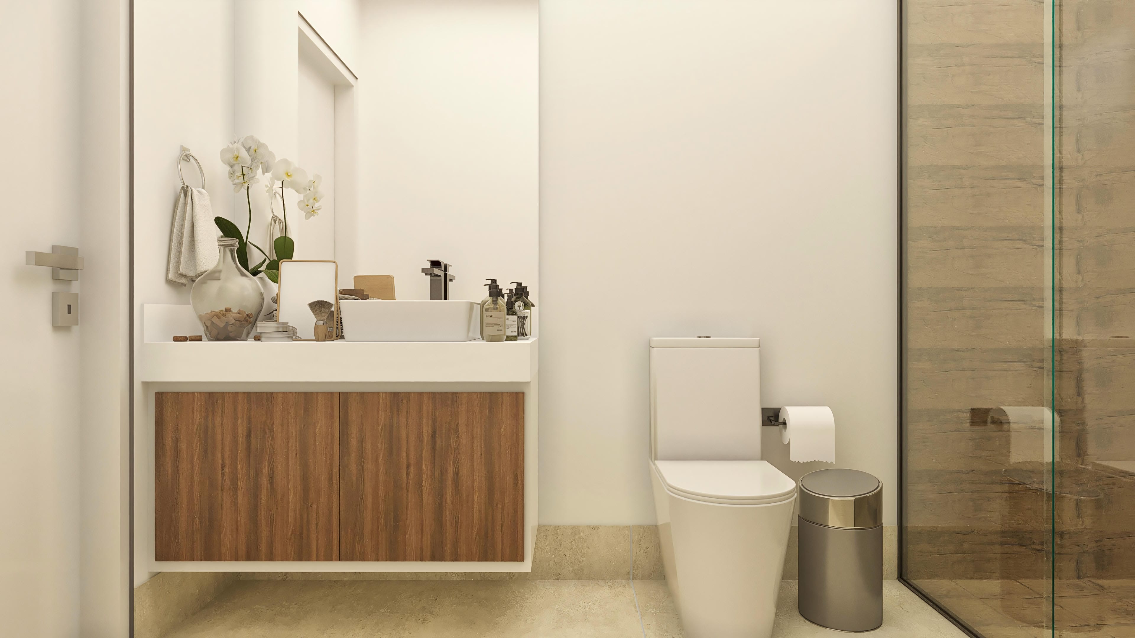 Bathroom with vessel sink, wooden cabinet, and glass shower stall with wood texture, in a neoclassical project.