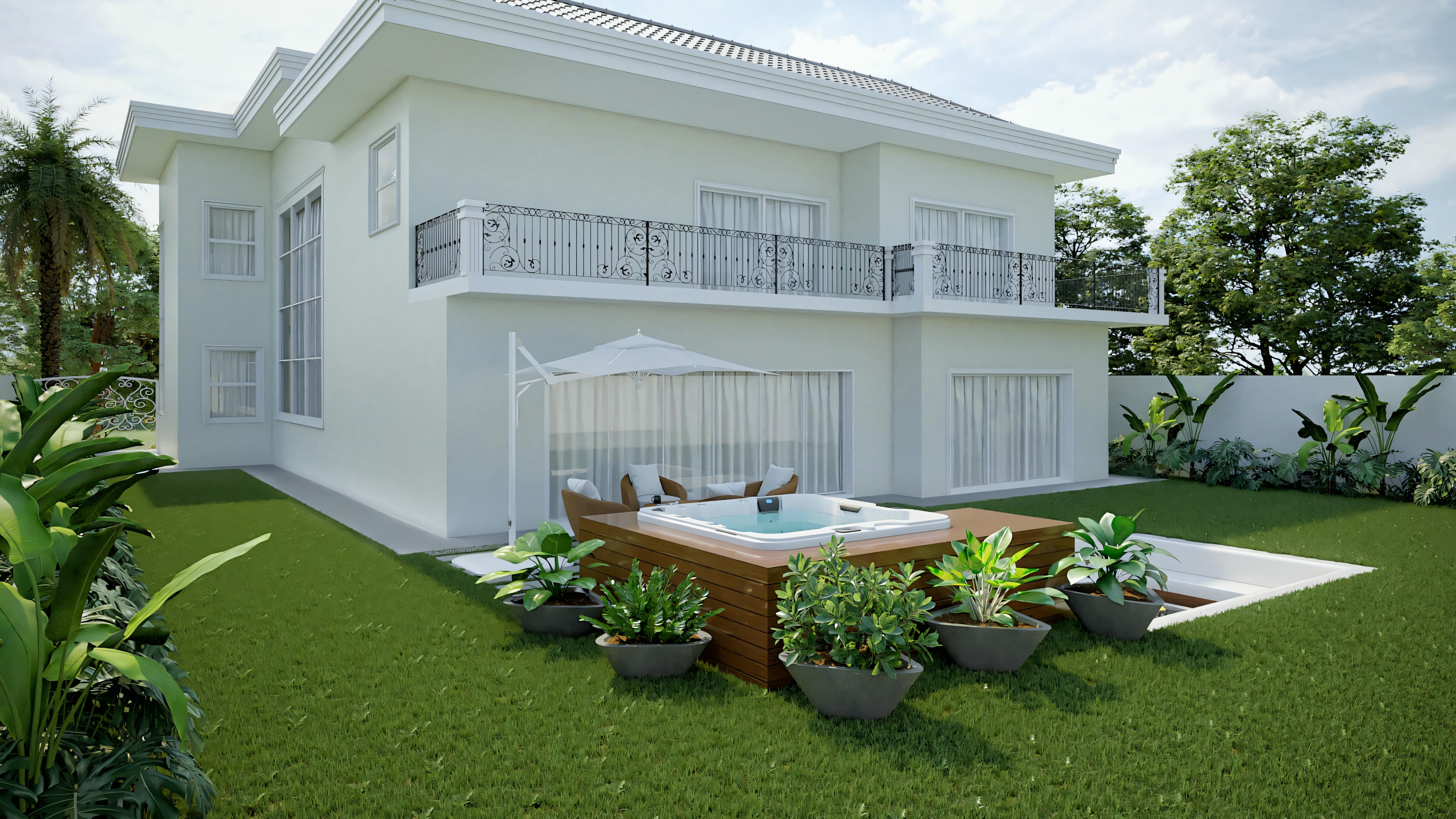 Vista da fachada posterior de um sobrado neoclássico moderno com 416.97m², mostrando o jardim com área de lazer e spa sobre deck de madeira, e a varanda no piso superior.