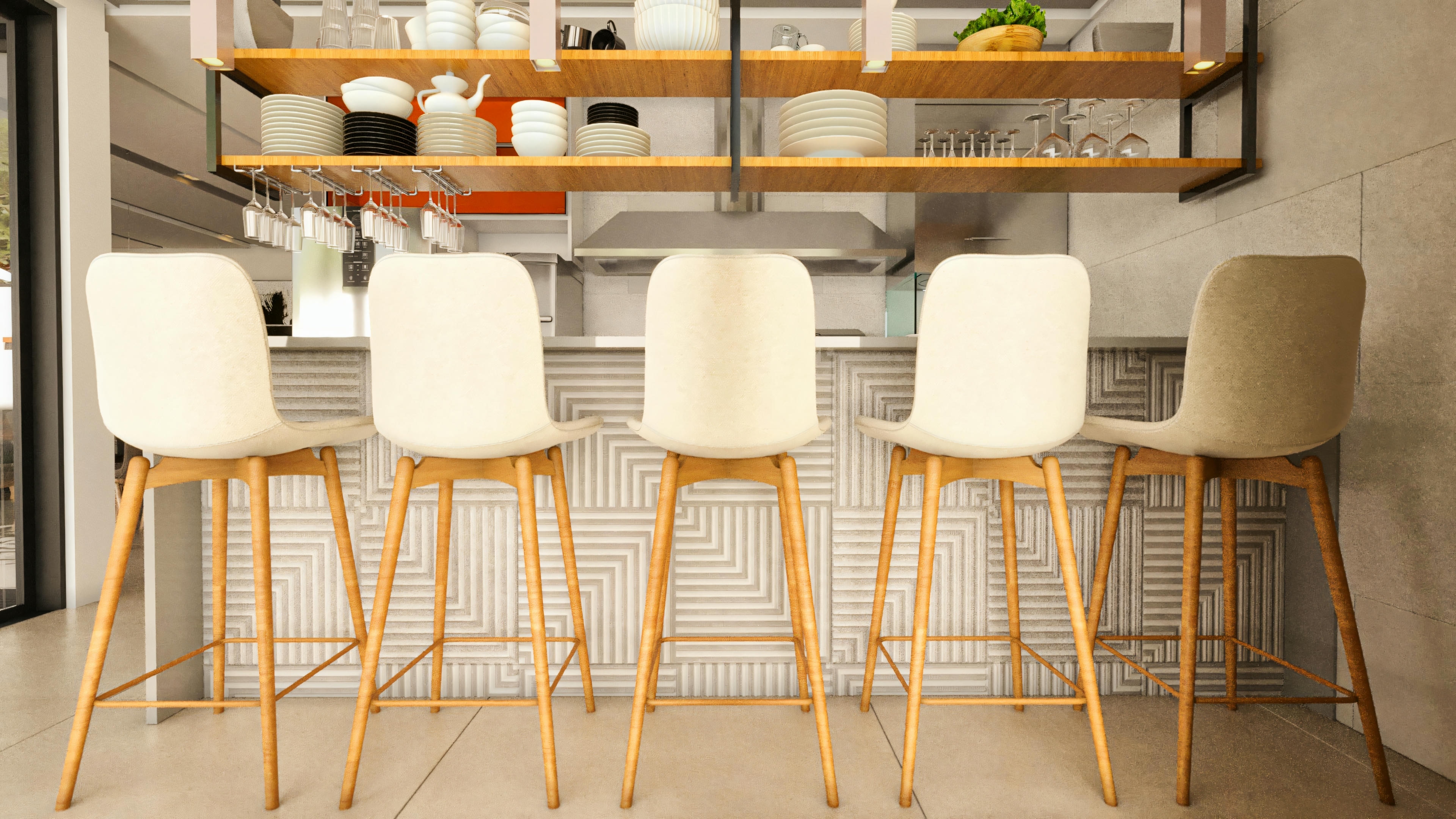 Gourmet area countertop with modern design bar stools, textured decorative panel, and suspended shelves with utensils. This space integrates a 20x25 lot house project, with 394.84sqm, 4 suites, pool, and office.