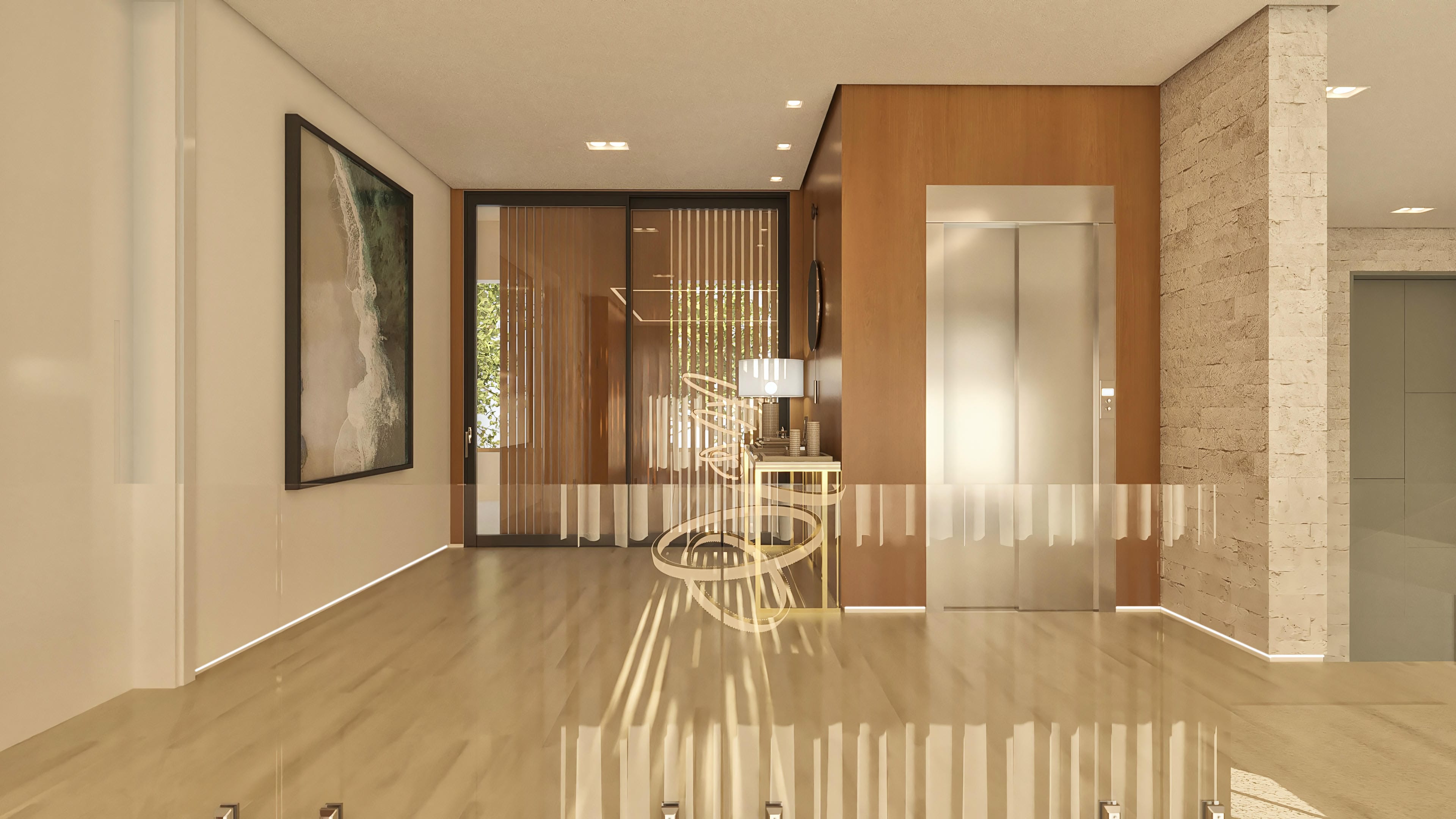 Entrance hall of a modern two-story house with light wood floor, natural stone wall and woody panel, mirrored elevator, and indirect lighting.