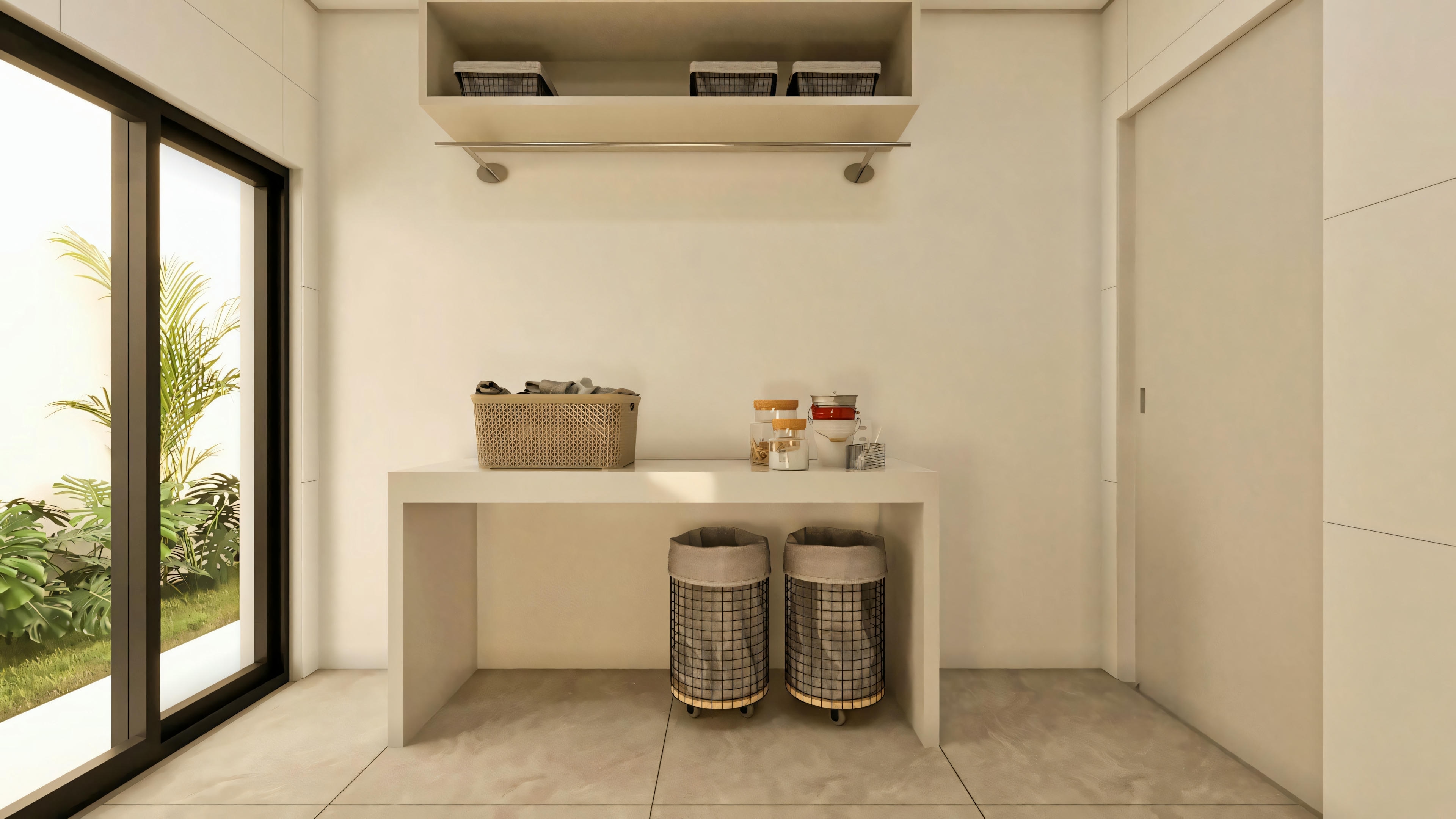 Support area of the laundry room in a luxury house project, with a simple countertop, organizer baskets, upper shelf with a hanging rod, and access door to a garden or yard.