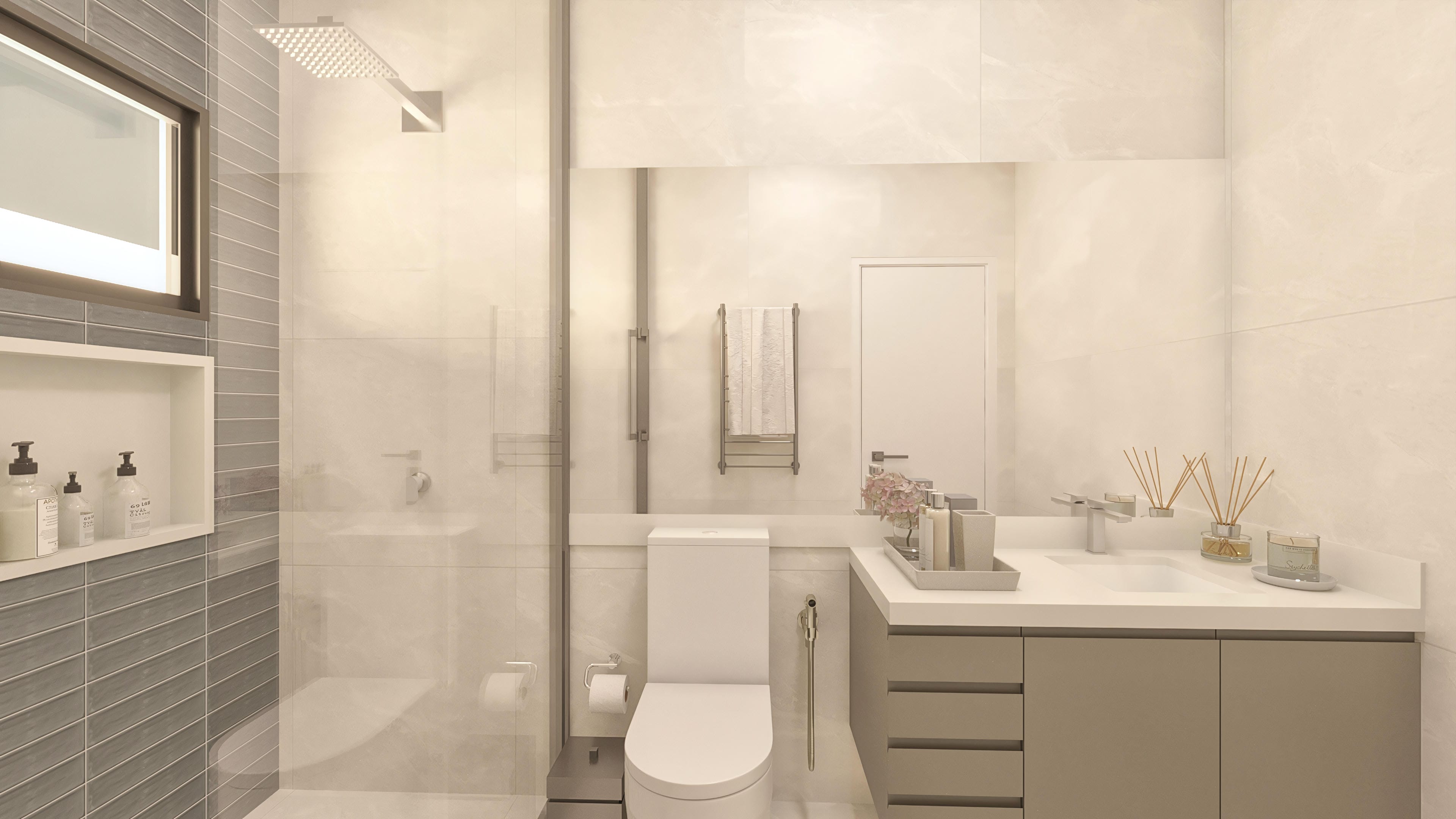 Luxurious bathroom with light porcelain tile cladding featuring discreet veins and gray mosaic tile details. Includes a shower stall with a tempered glass door, chrome showerhead, and a custom cabinet with drawers.