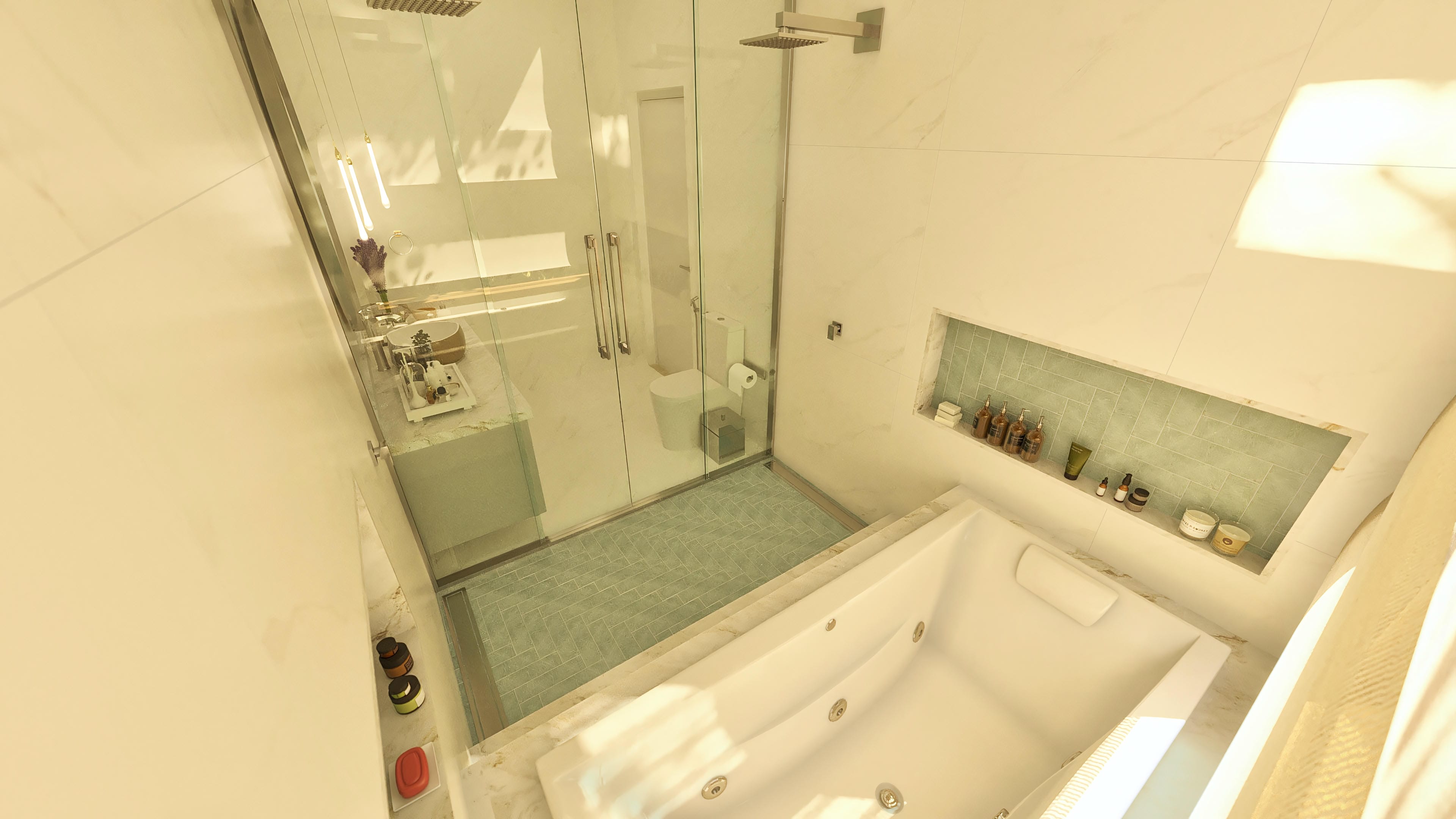 Detail of a modern bathroom with a whirlpool tub, glass shower enclosure with showerhead, and decorative niche with products.
