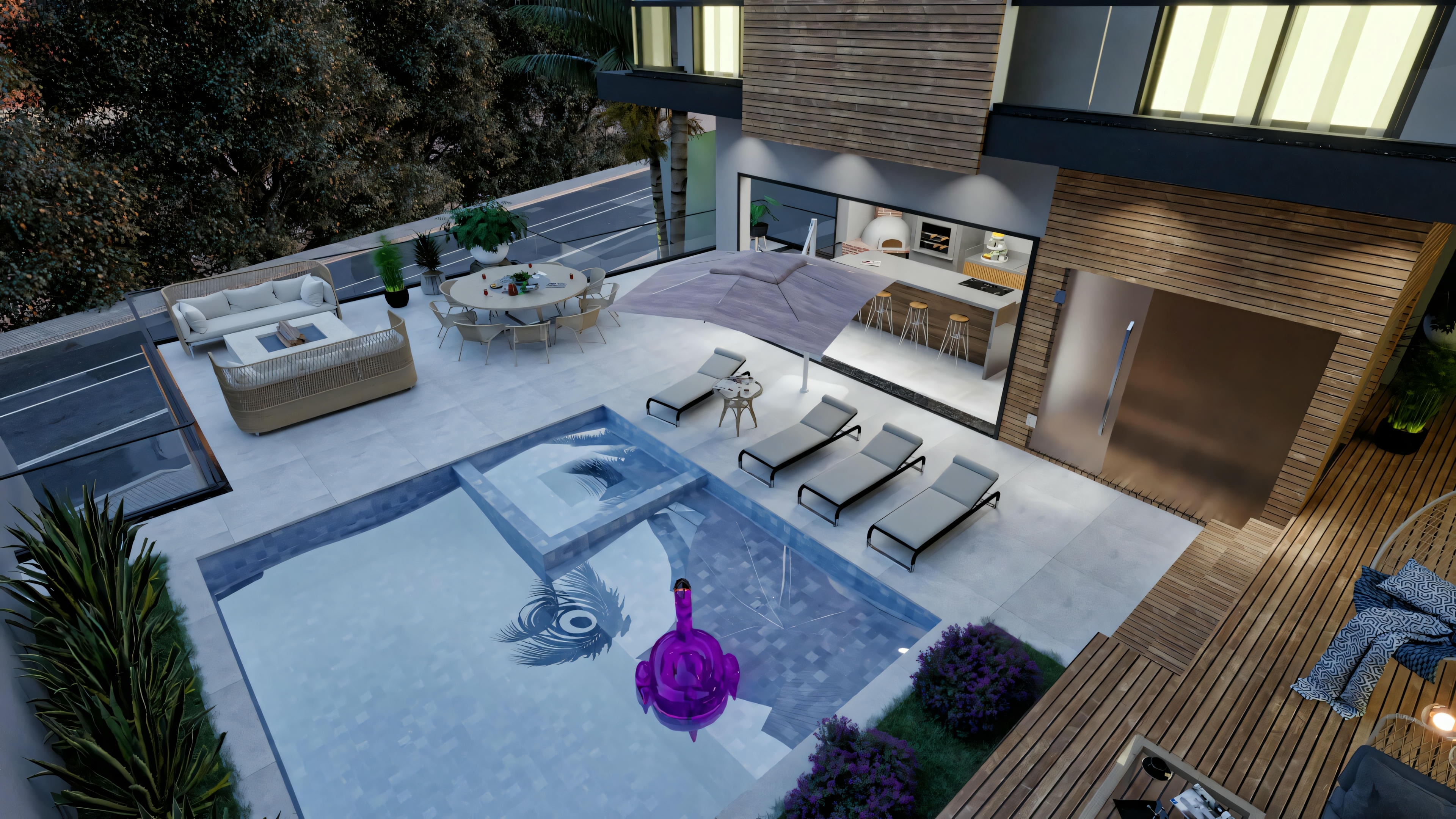 Aerial view of the complete leisure area of a modern 4-suite house (316.98m² on a 17x27 plot), showing pool, deck, gourmet area with barbecue, covered veranda, and outdoor lounge with fire pit and dining table.