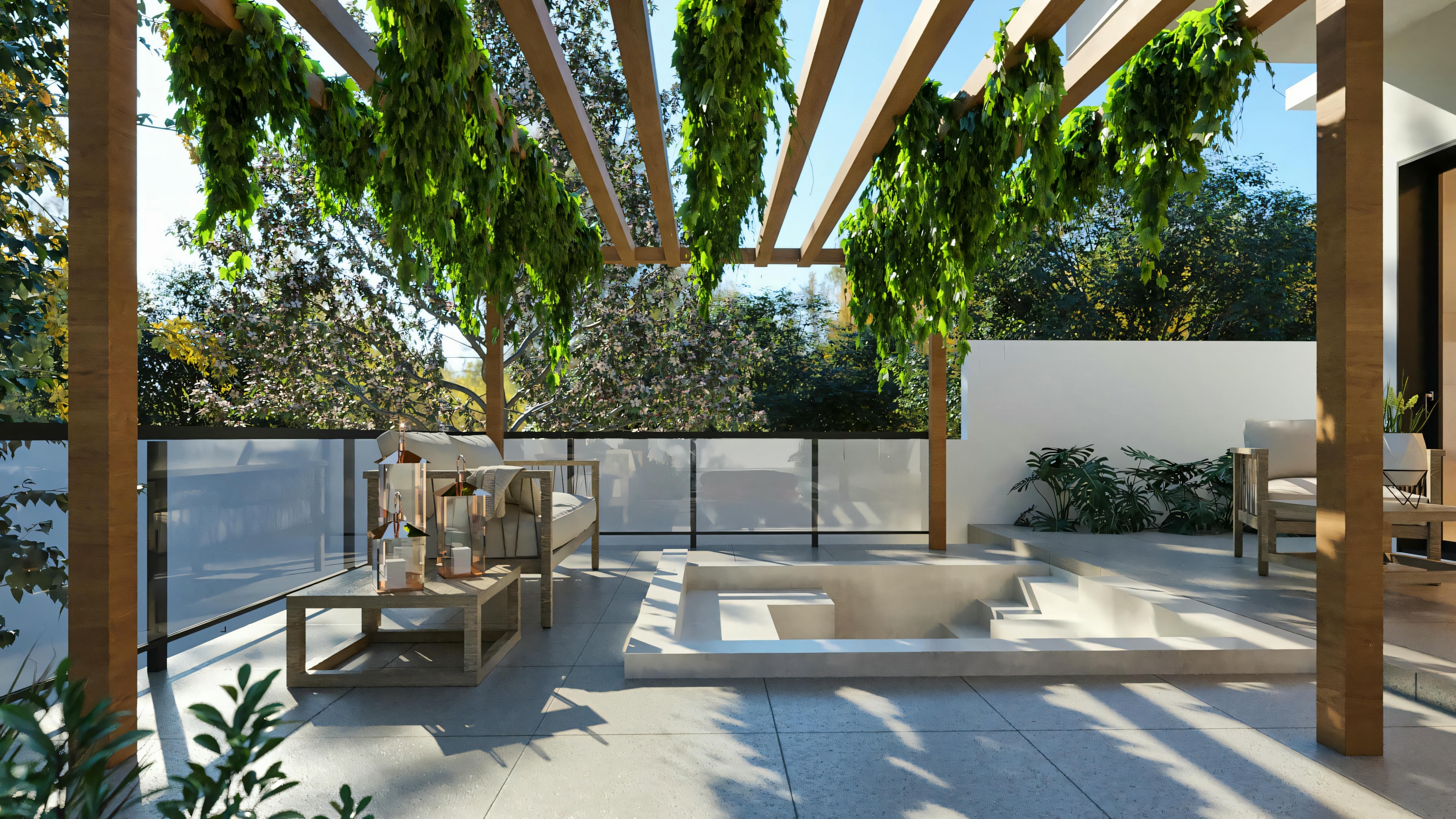 Área gourmet externa/terraza en proyecto de casa moderna e imponente. Destaque para la pergola de madera con vegetación suspendida, mobiliario de lounge, barandal de vidrio y elemento central (chimenea externa o spa). Parte de la casa de 555.9m² con 4 suites y piscina.