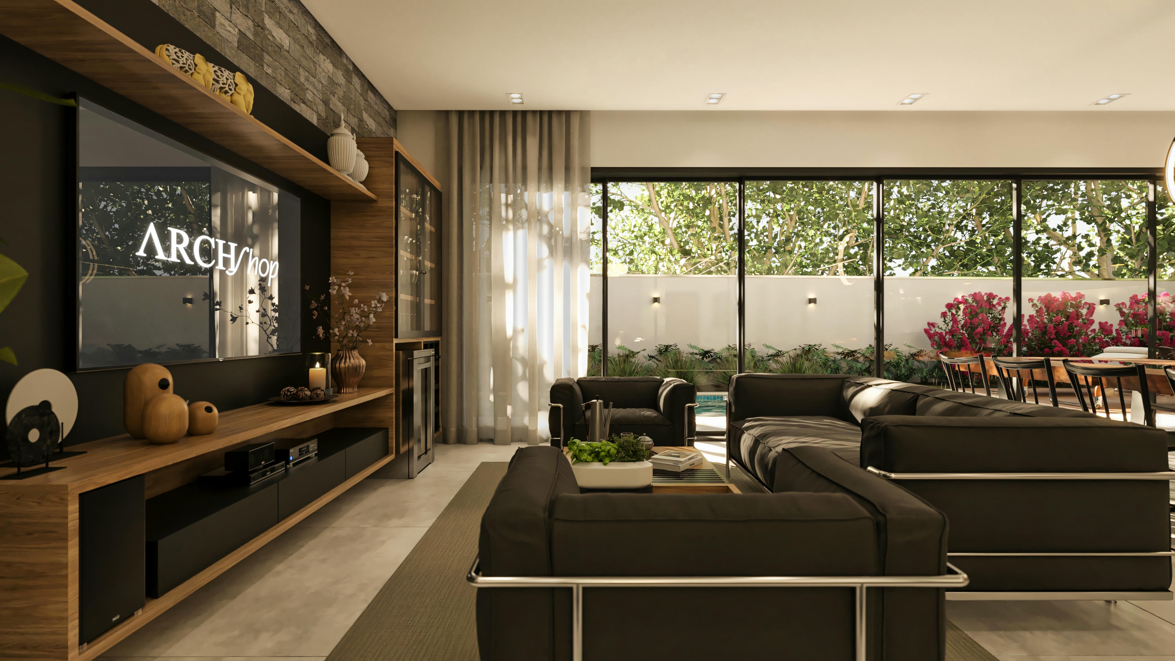 Amplia sala de estar en casa de alto estándar con 5 suites, con panel de TV, sofás y grandes puertas de vidrio que integran el ambiente al área de ocio externa con piscina y posiblemente área gourmet.