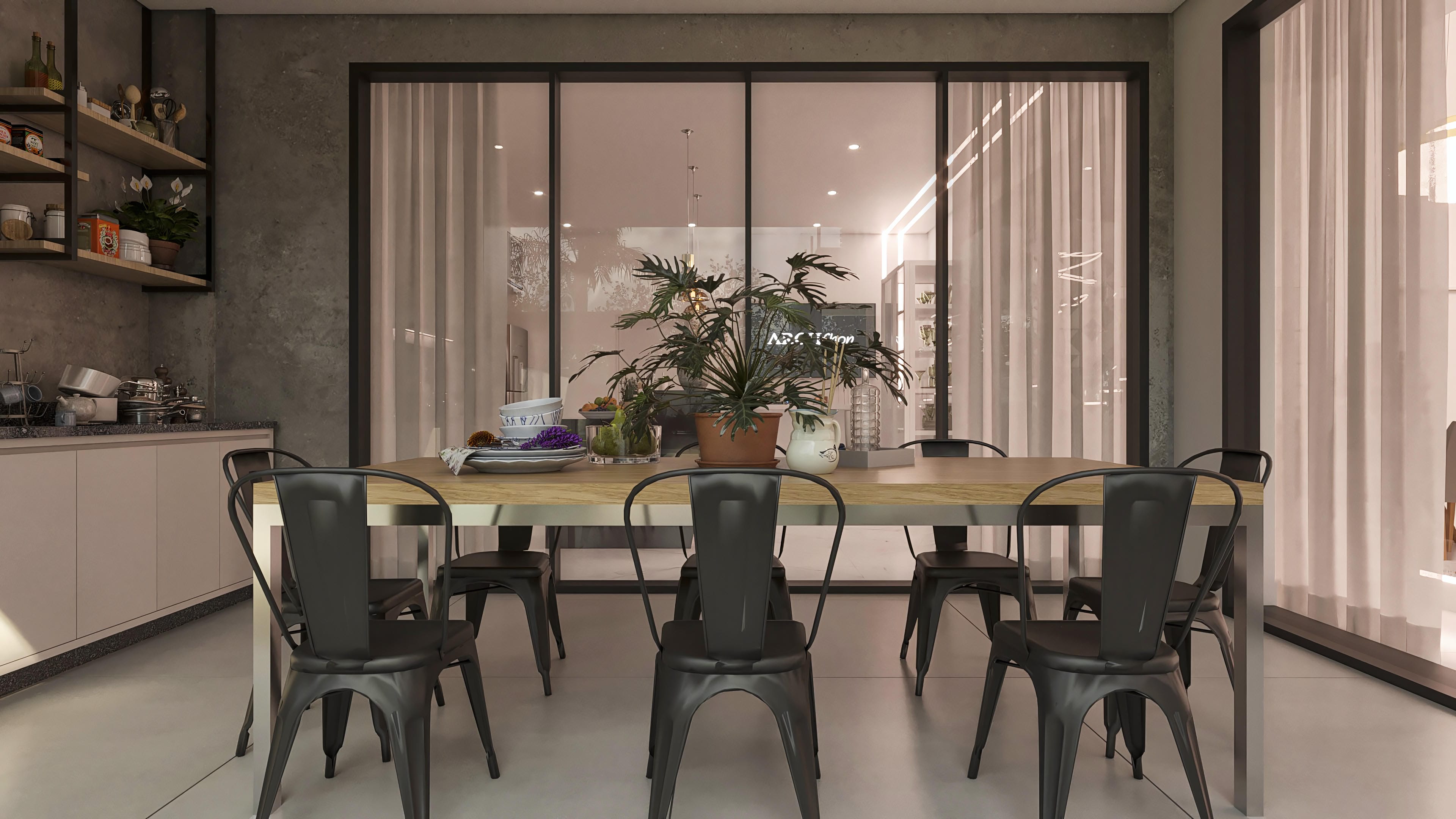 Sala de jantar integrada a uma área gourmet com mesa de madeira, cadeiras pretas e grandes janelas com cortinas brancas, com vista para a piscina.