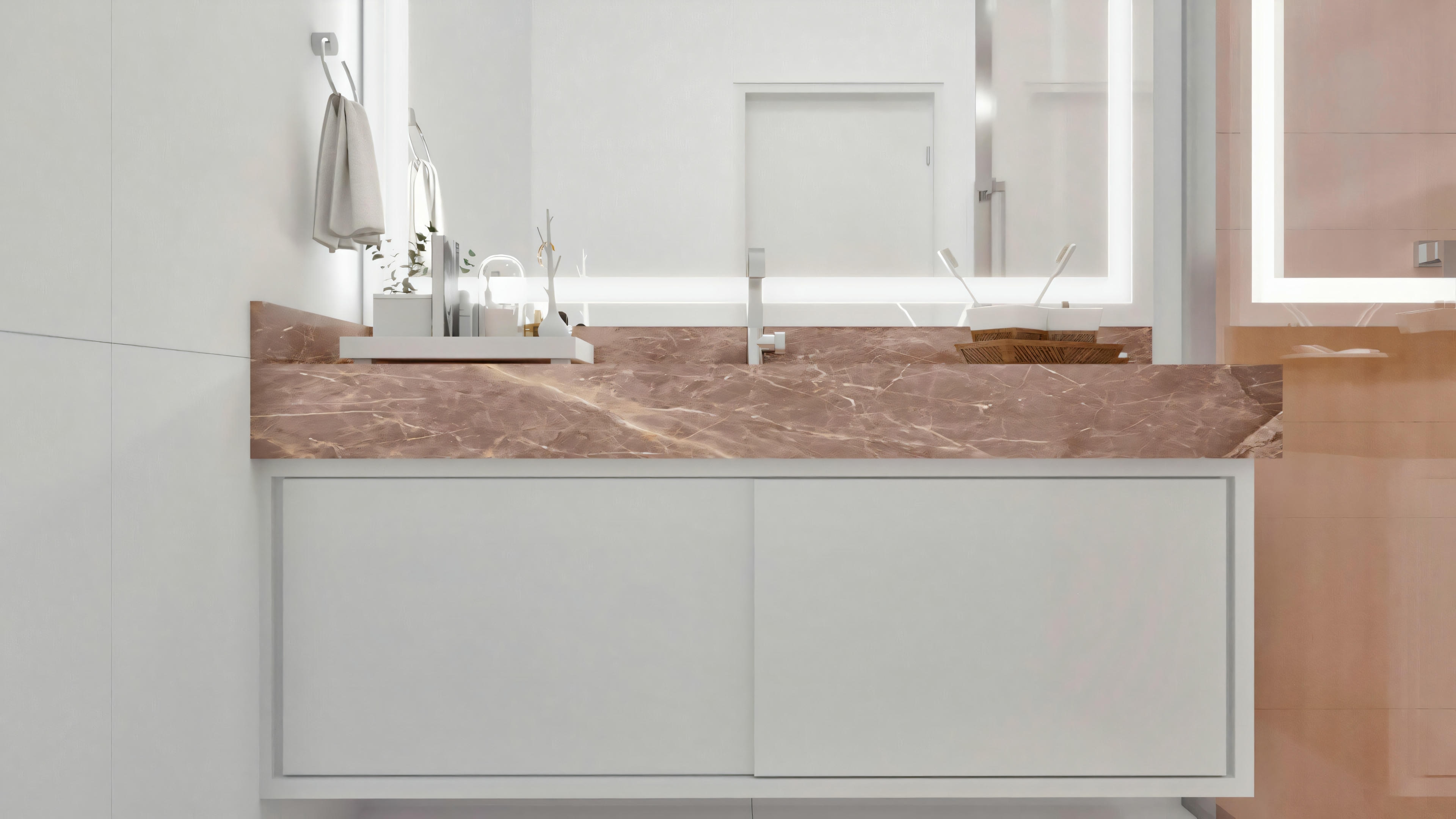 Close-up of the marble bathroom countertop with a sculpted sink, white lower cabinet with sliding doors, and illuminated mirror, a detail of one of the 5 suites in the ready-made project.