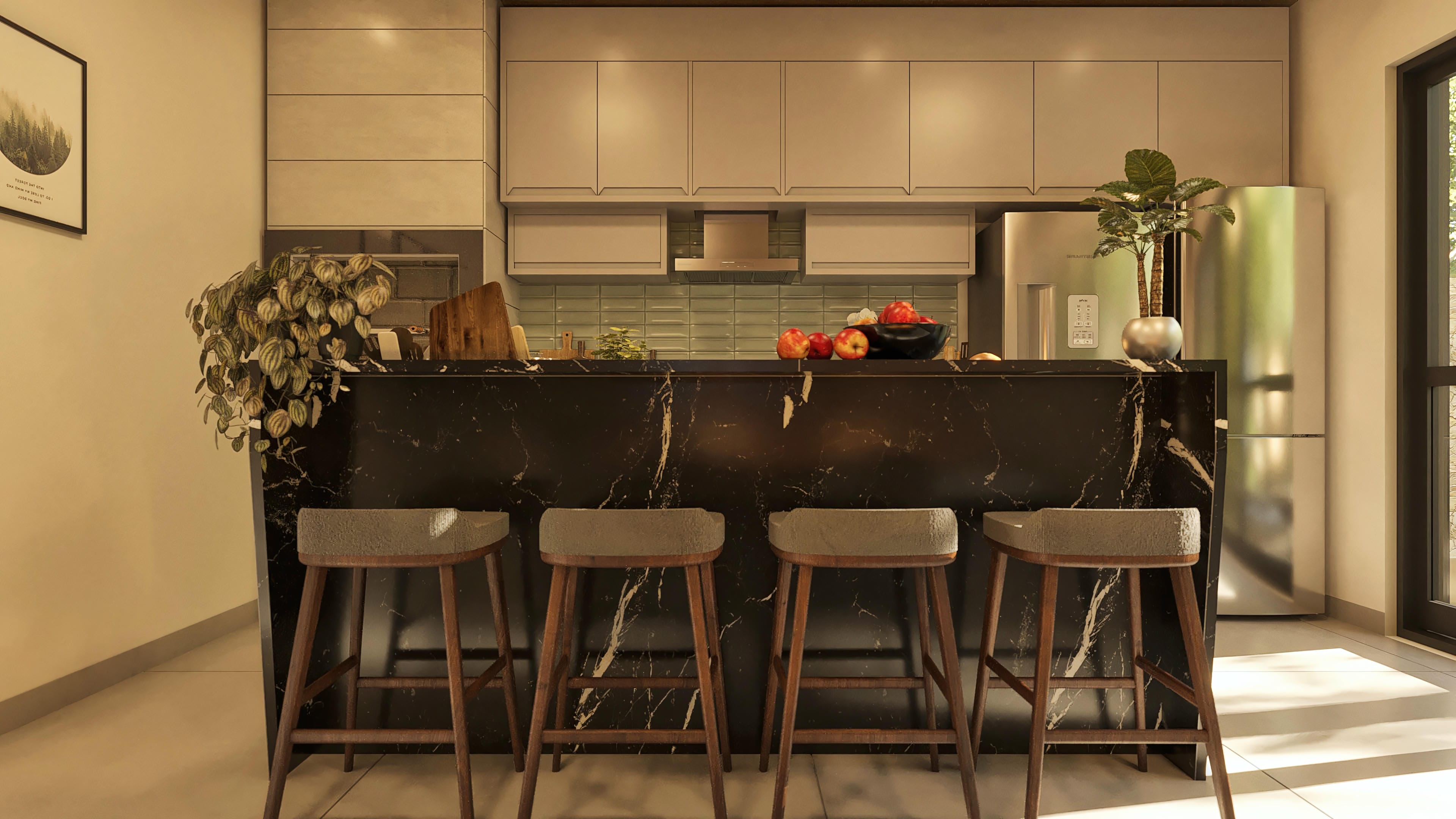 Ilha de cozinha em mármore preto com veios brancos, equipada com banquetas de madeira. Armários superiores em tom neutro e revestimento de azulejo verde pastel.