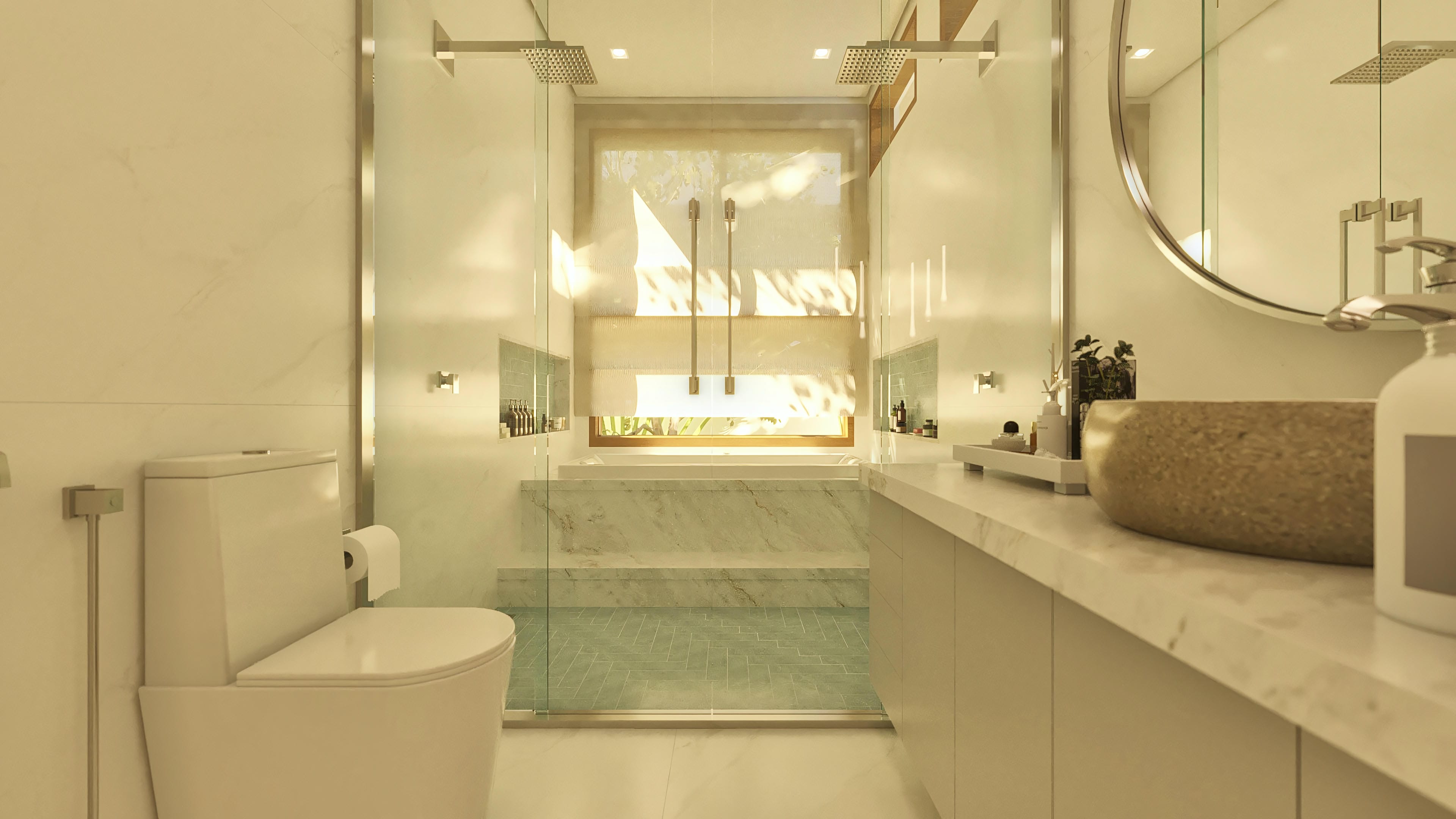 Interior de baño moderno con detalles de mármol, barra con lavabo integrado, espejo redondo y cabina con regadera doble.