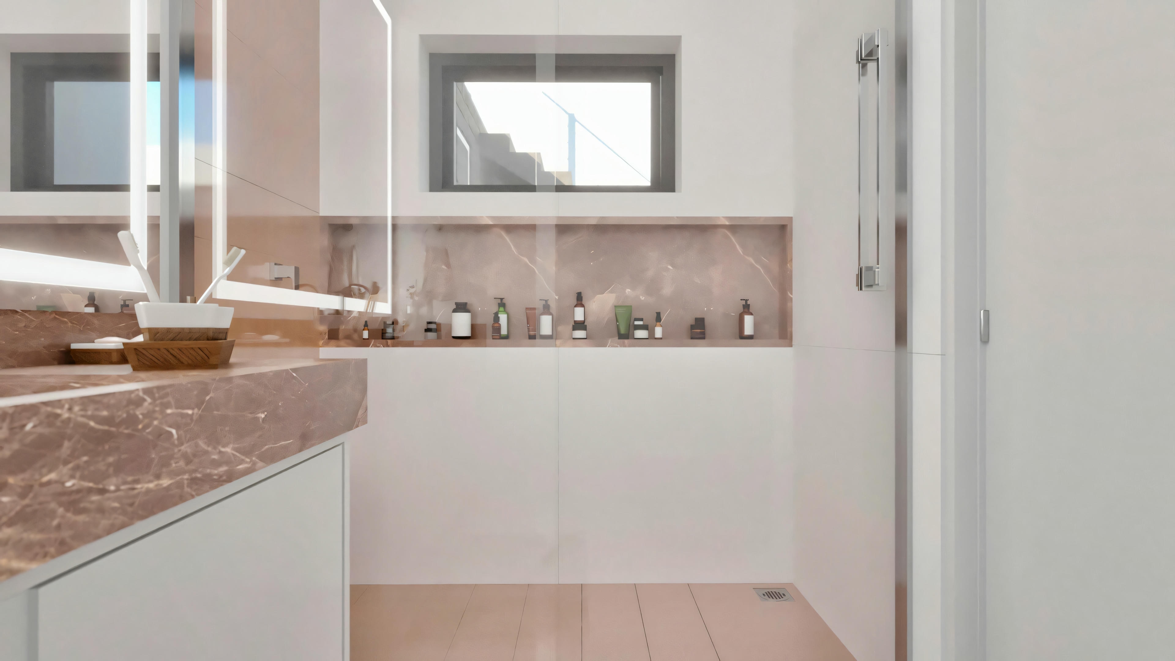 Vista del box del baño en una de las 5 suites del proyecto listo, con destaque para el nicho embutido en la pared revestido en mármol marrón, piso estilo madera y ventana alta para ventilación.
