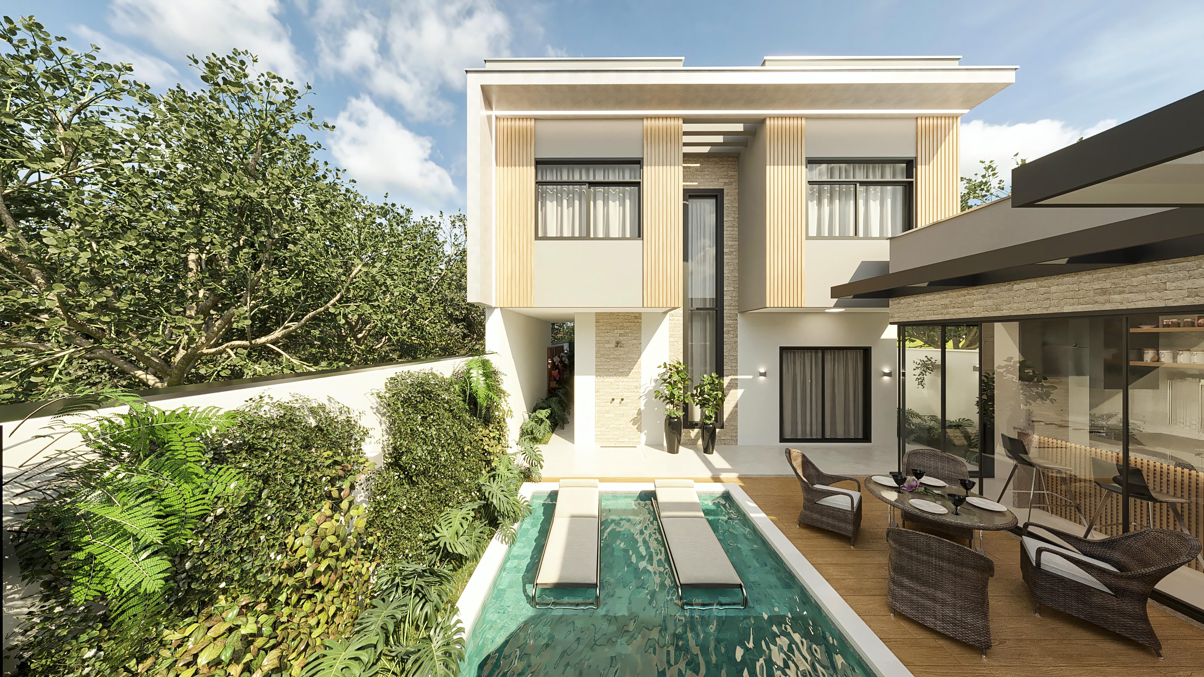 Casa de dos pisos moderna con fachada limpia, volumetría interesante, detalles en madera y piedra, y área de ocio completa con piscina y gourmet.
