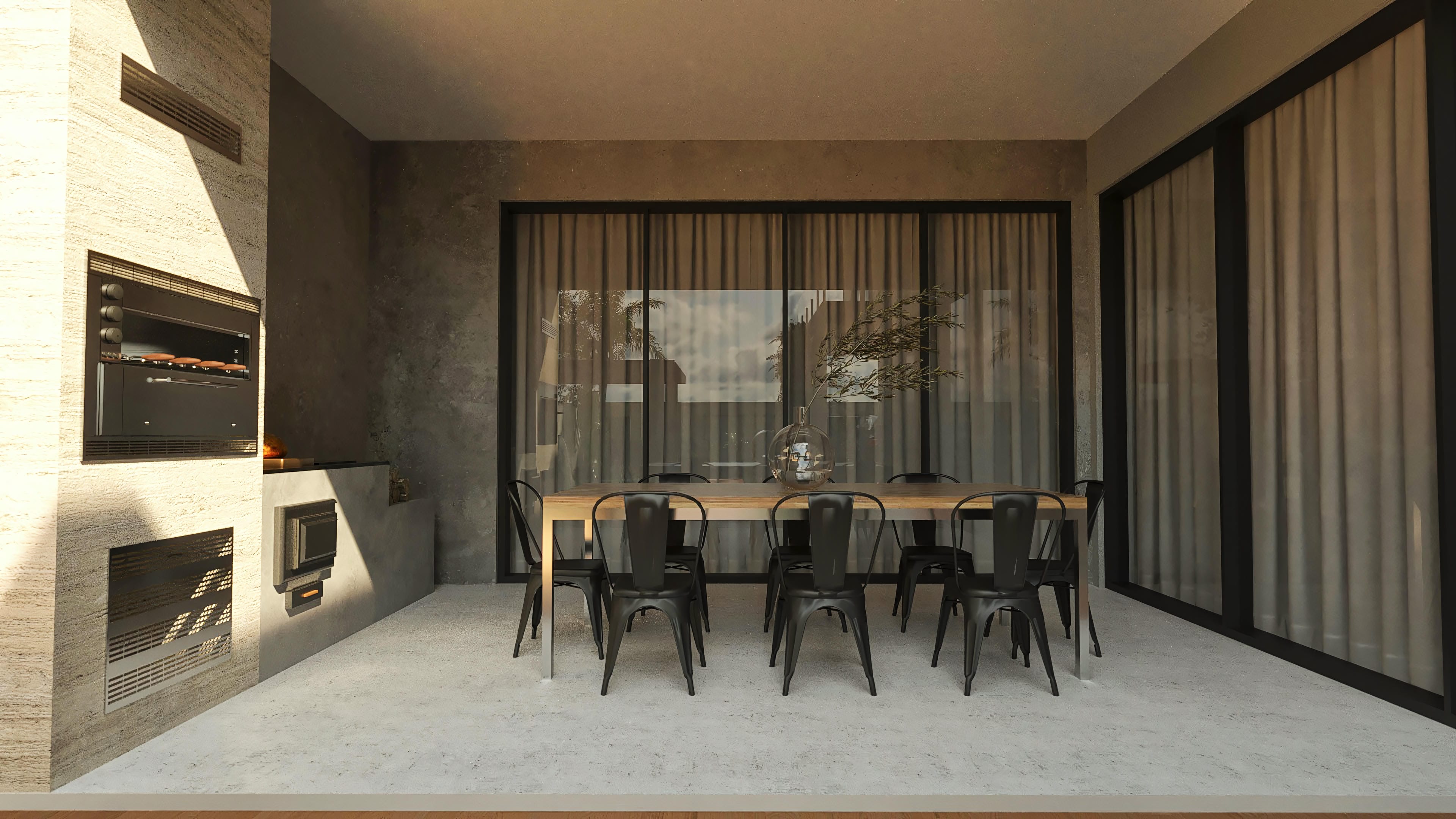 Ambiente de área gourmet com churrasqueira moderna integrada a uma sala de jantar, utilizando texturas rústicas e tons neutros.