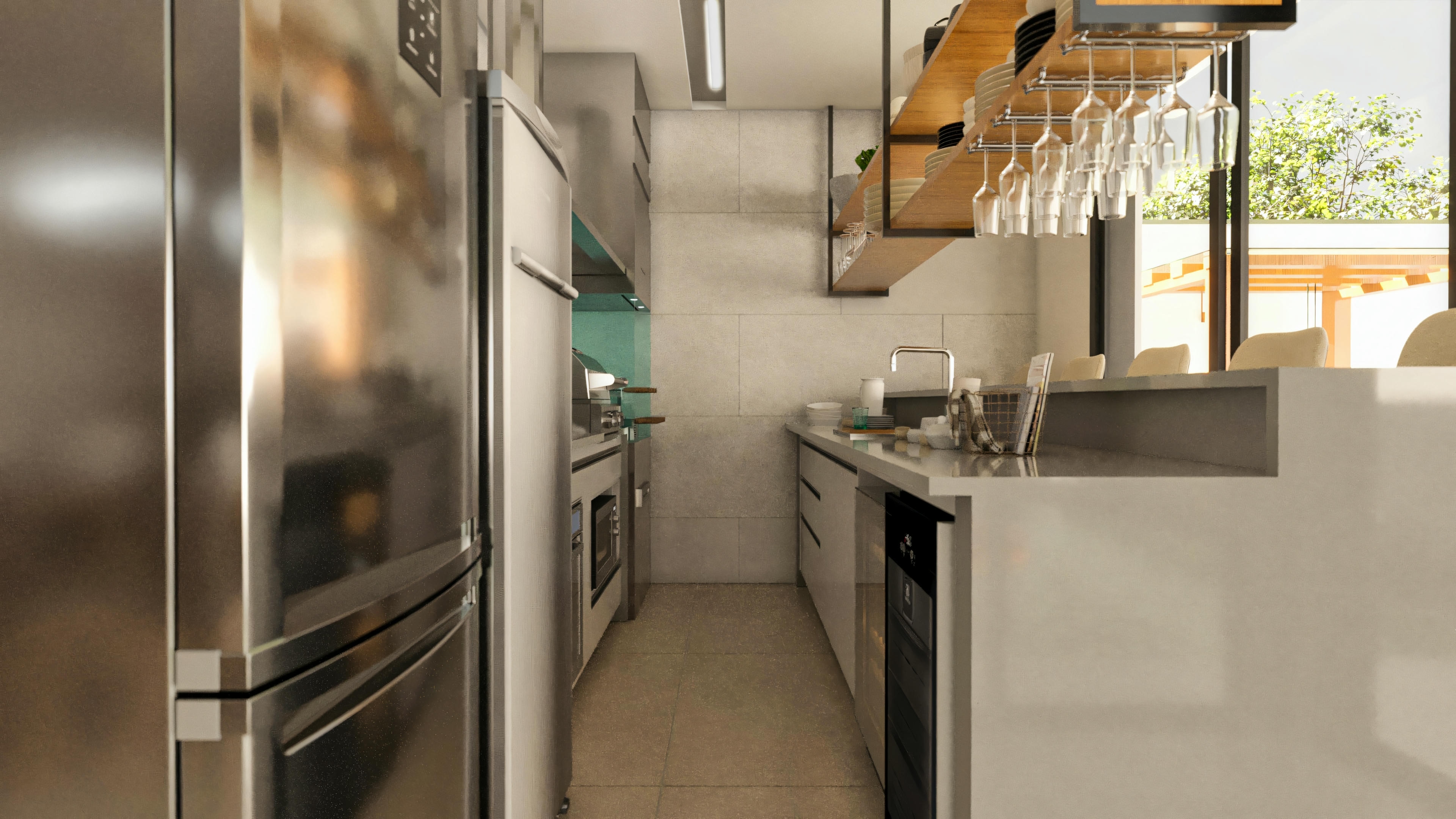 Cocina del quincho equipada con refrigerador de acero inoxidable, horno empotrado, mesadas claras y gabinetes planeados. Este ambiente funcional forma parte de un proyecto de casa en terreno de 20x25, con 394.84m², 4 suites, piscina y oficina.