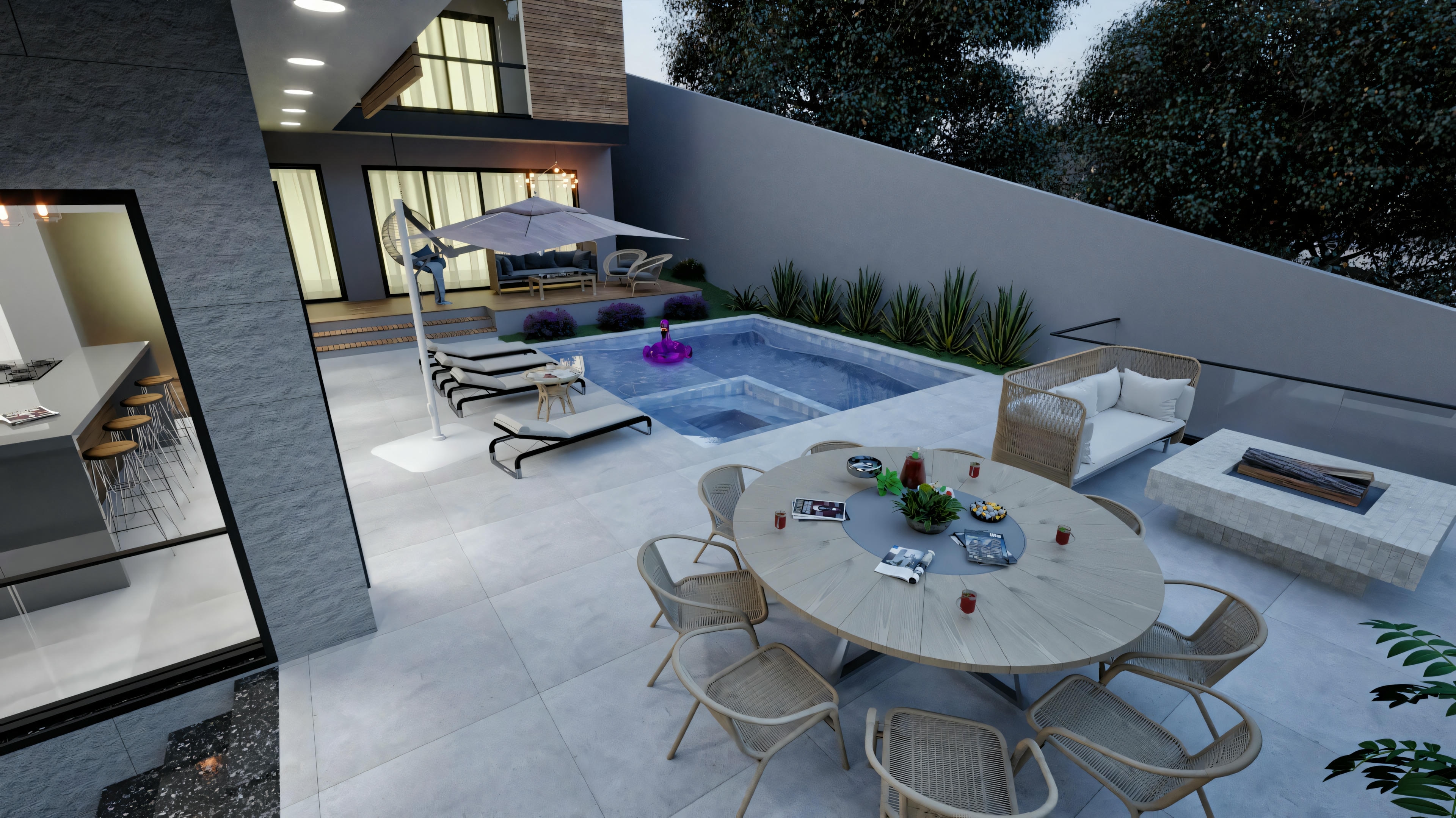 Espaço externo com área de jantar com mesa redonda e cadeiras de fibra, e lounge com sofá e lareira de chão, em piso cimentício claro. Parte da área de lazer com piscina de casa moderna (4 suítes, 316.98m²).