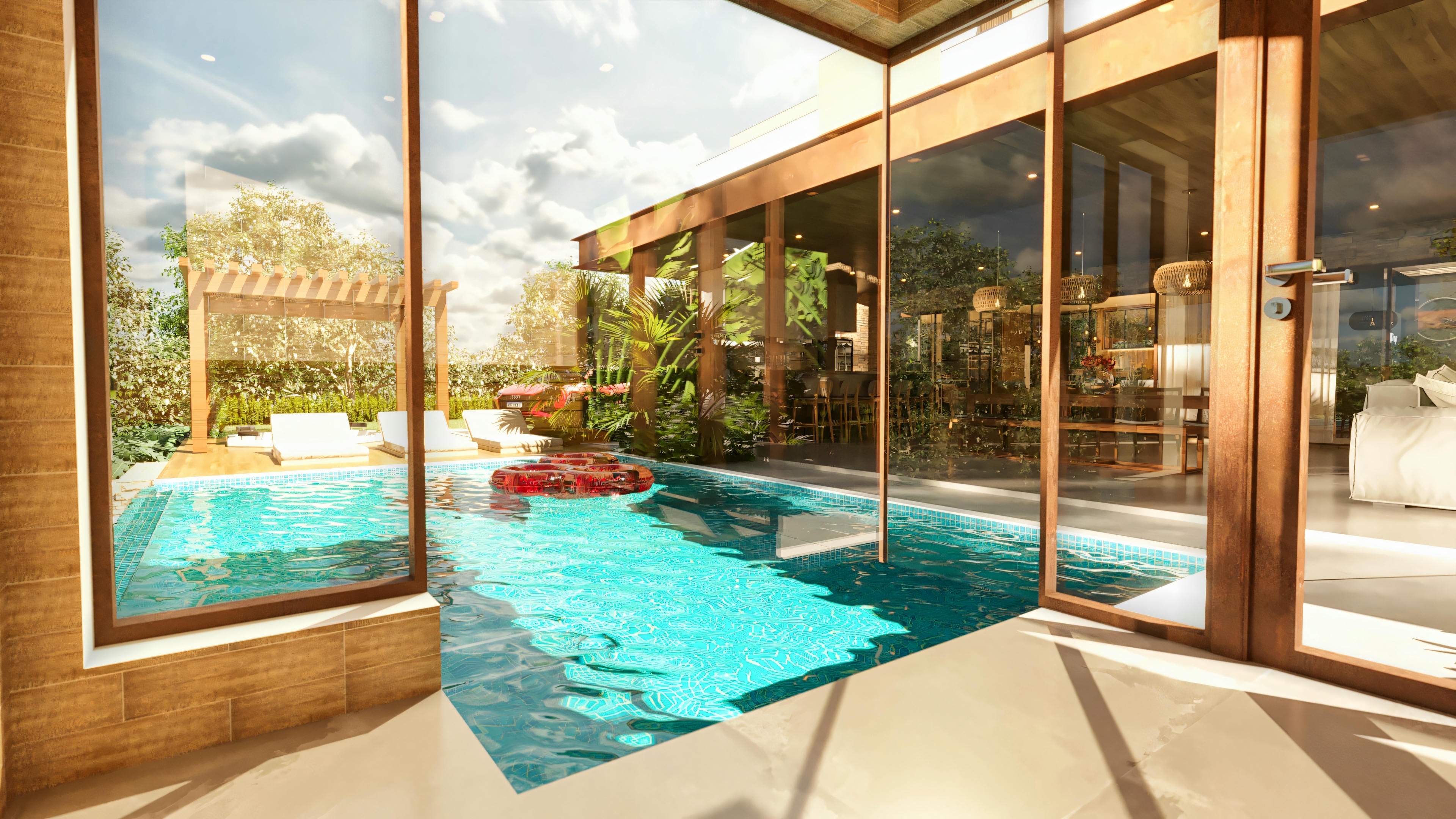 Lounge space on the gourmet terrace of a modern and imposing house project. Features a sofa under a wooden pergola with vegetation, external fireplace or spa base, and glass railing. Ideal for relaxation. Part of the 555.9m² house with 4 suites and a pool.