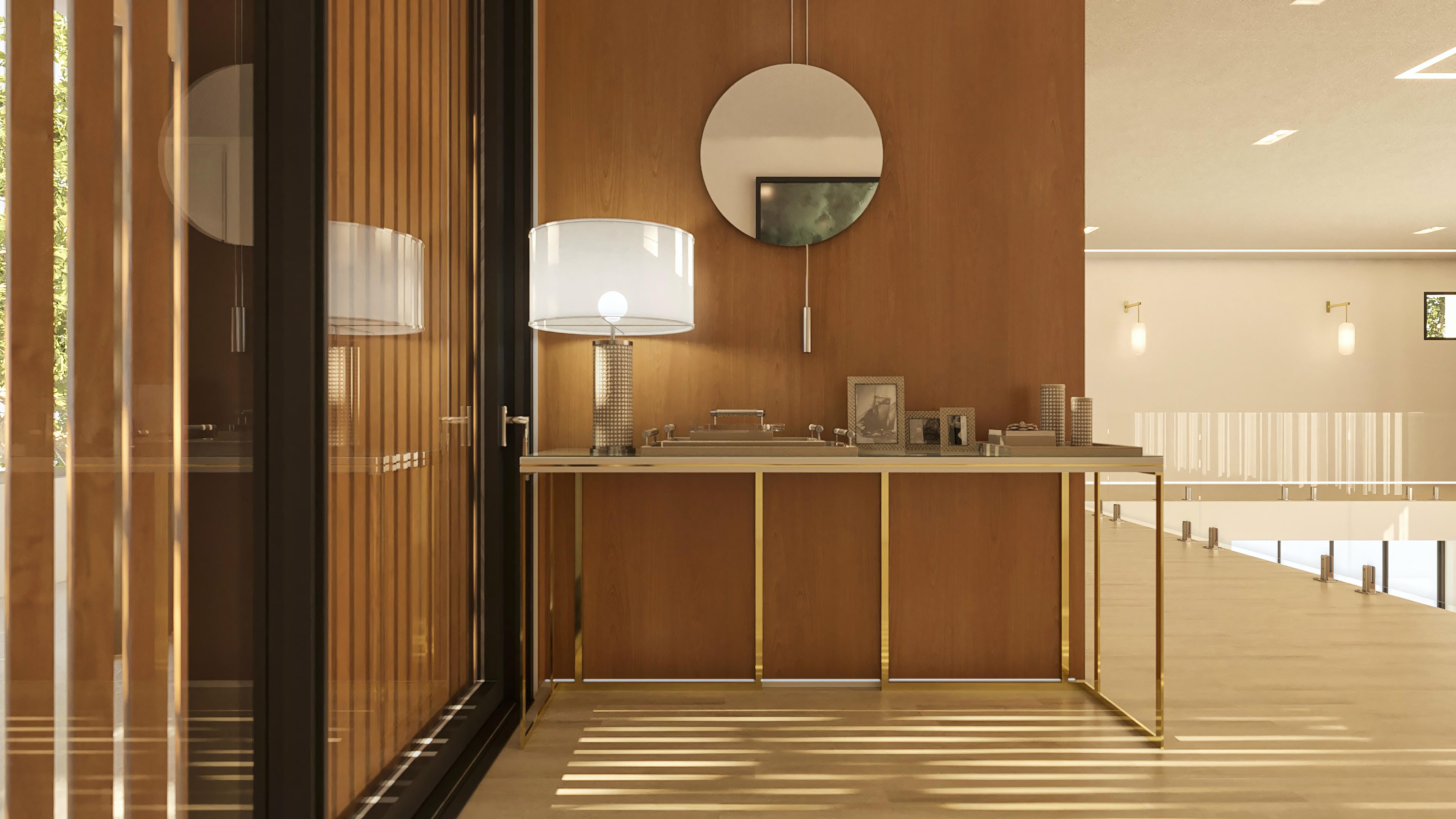 Interior of a modern two-story house with wooden details and fine finishes. Highlights include a balcony overlooking the outdoor area and subtle lighting, creating a welcoming environment.