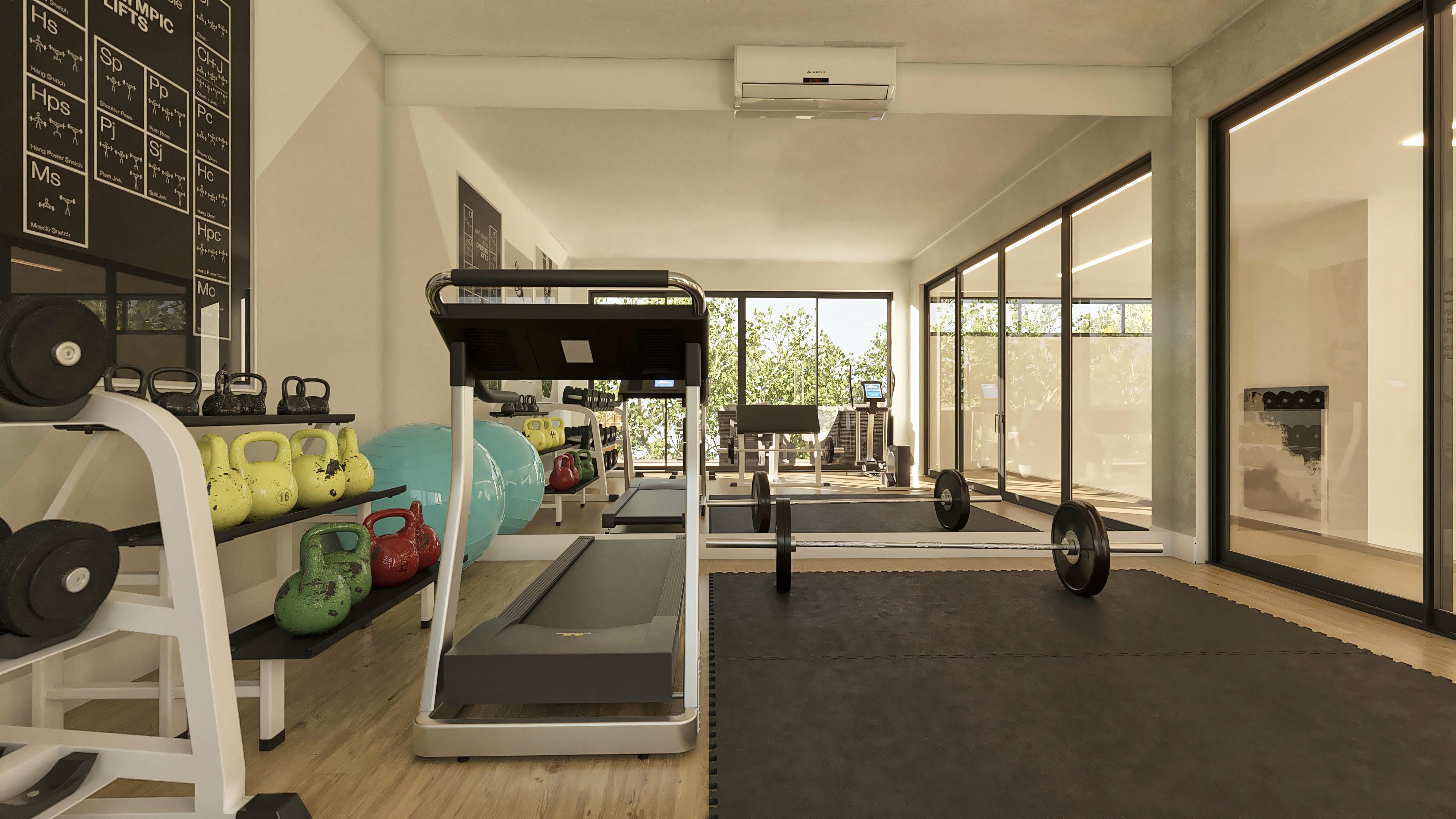 Modern gym interior with workout equipment, large mirrors, and a panoramic view of the green outdoor area.