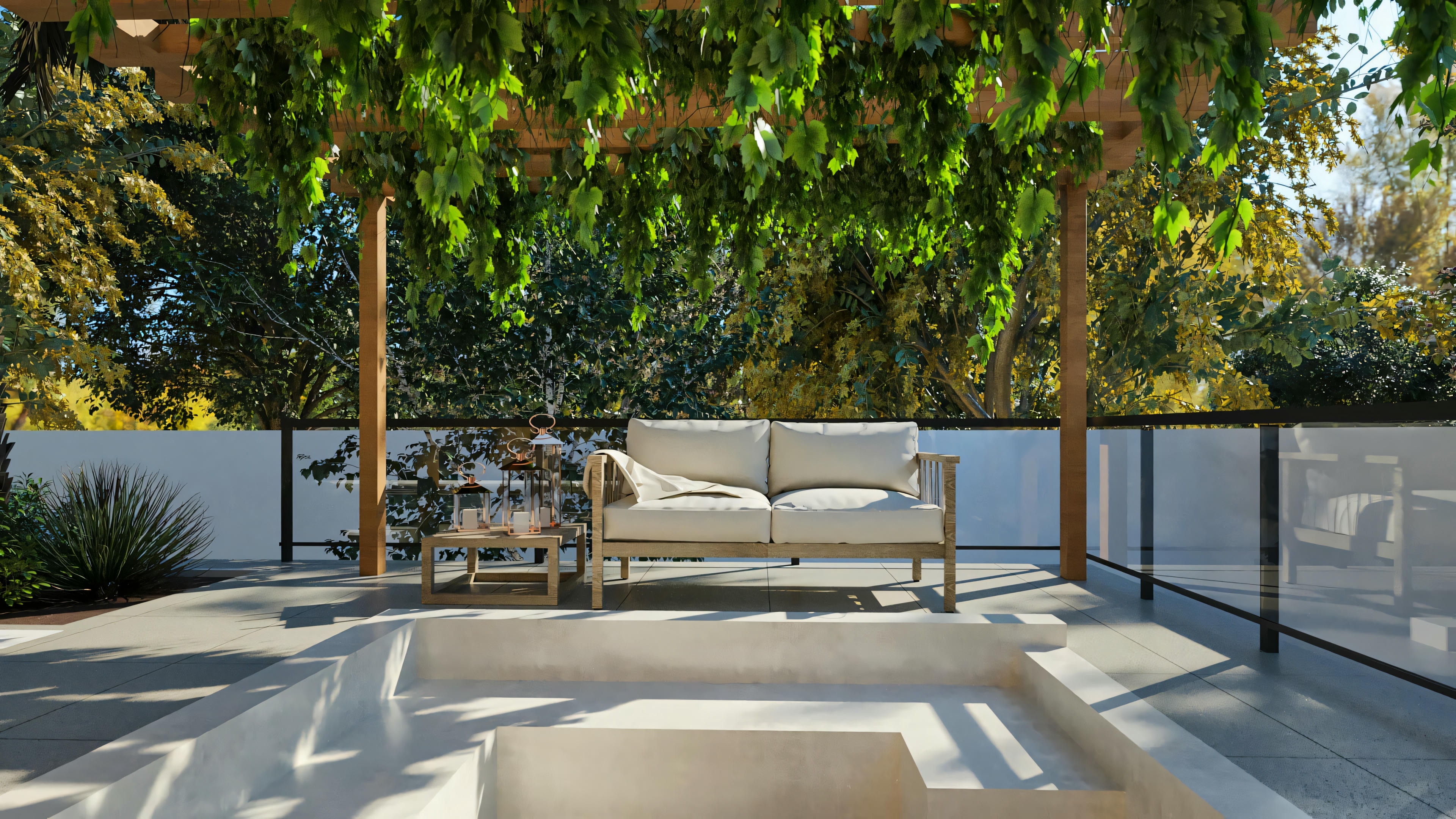 Espacio lounge en la terraza gourmet de proyecto de casa moderna e imponente. Presenta sofá bajo pergola de madera con vegetación, chimenea externa o base para spa, y barandal de vidrio. Ideal para relajarse. Parte de la casa de 555.9m² con 4 suites y piscina.