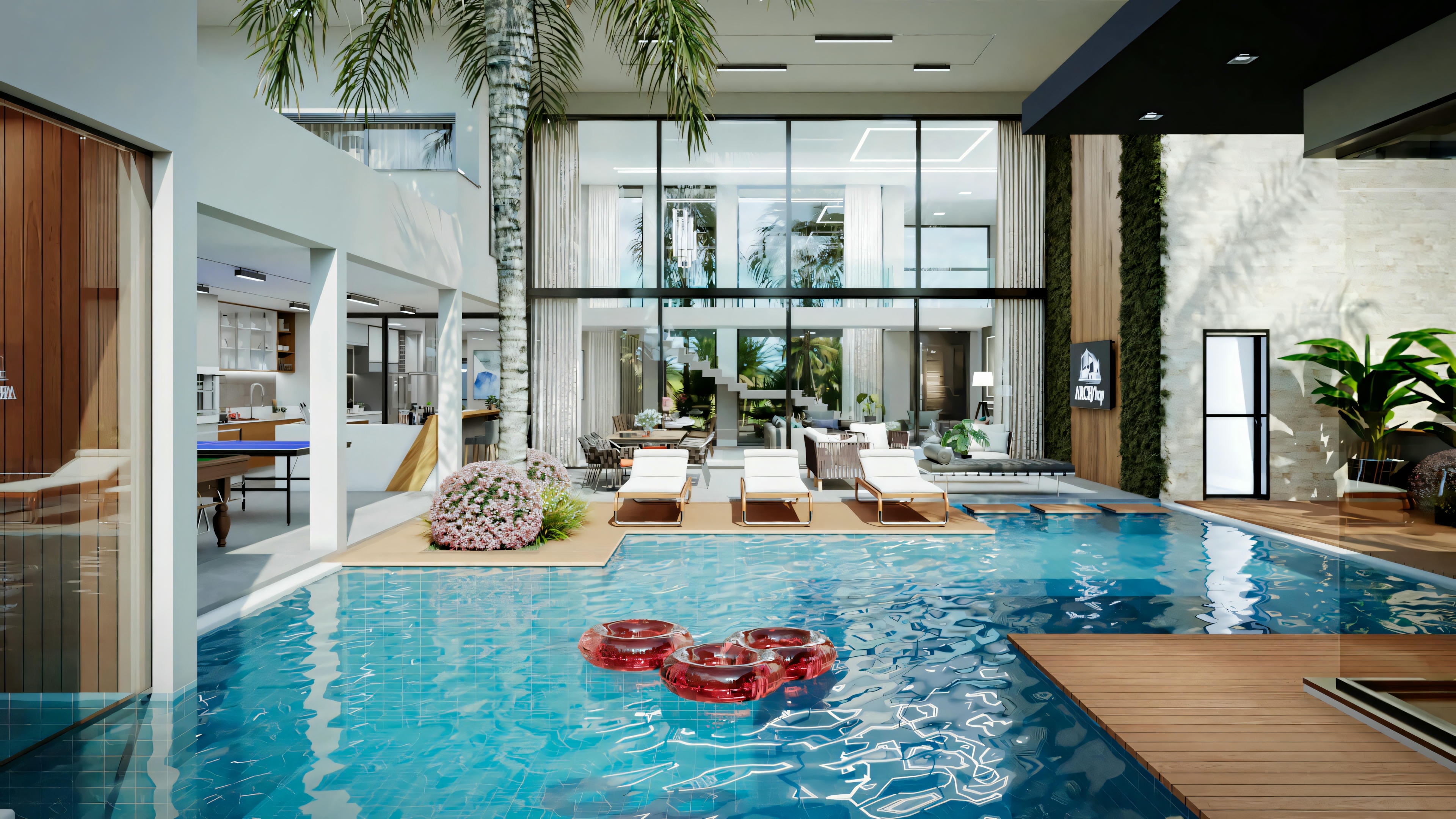 Espacio de salón en la terraza gourmet de proyecto de casa moderna e imponente. Presenta sofá bajo pérgola de madera con vegetación, chimenea exterior o base para spa, y barandilla de vidrio. Ideal para relajarse. Parte de la casa de 555.9m² con 4 suites y piscina.