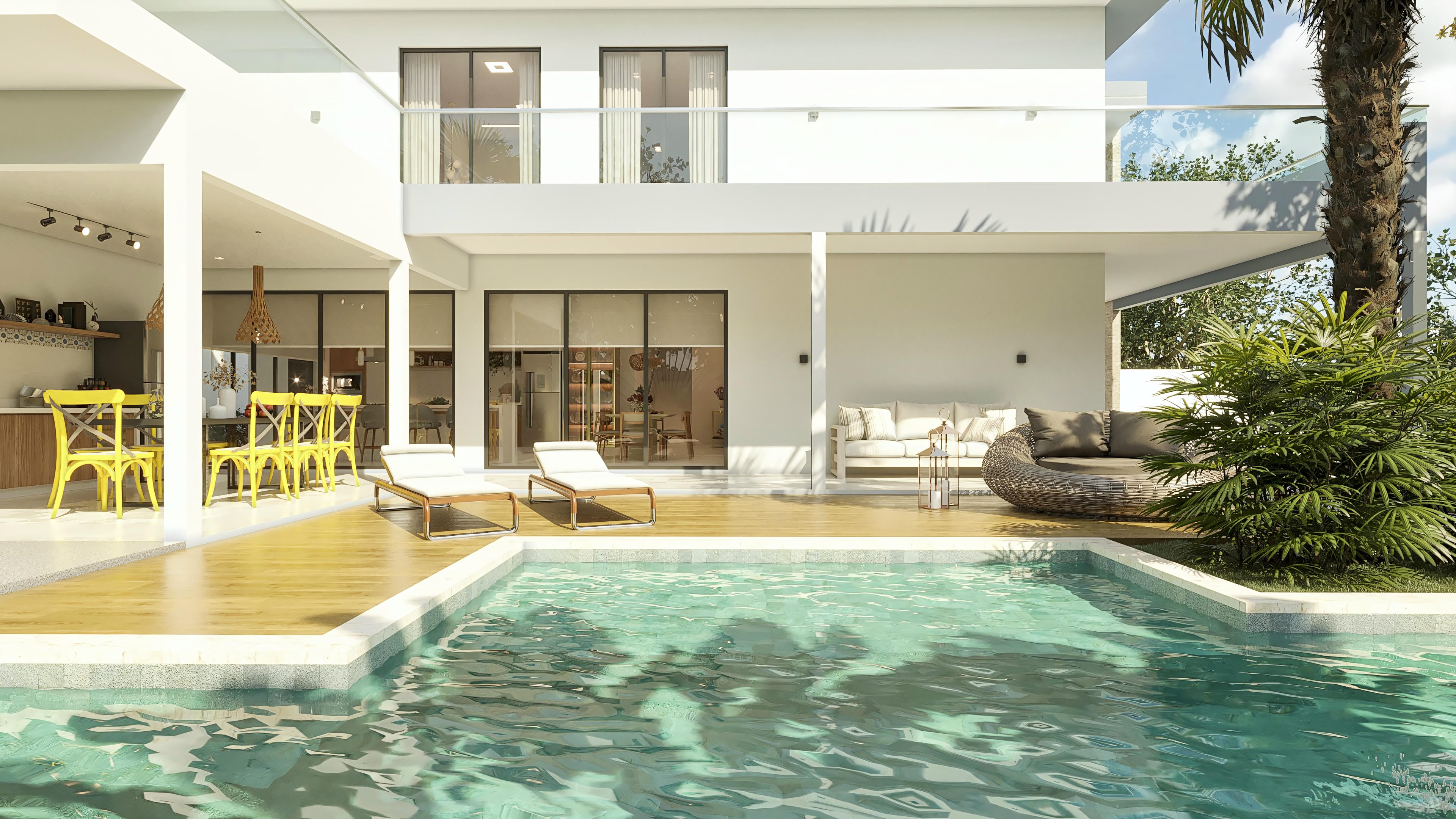 Vista externa de um sobrado moderno com fachada branca, detalhes em madeira, piscina com deck de madeira e área gourmet integrada.