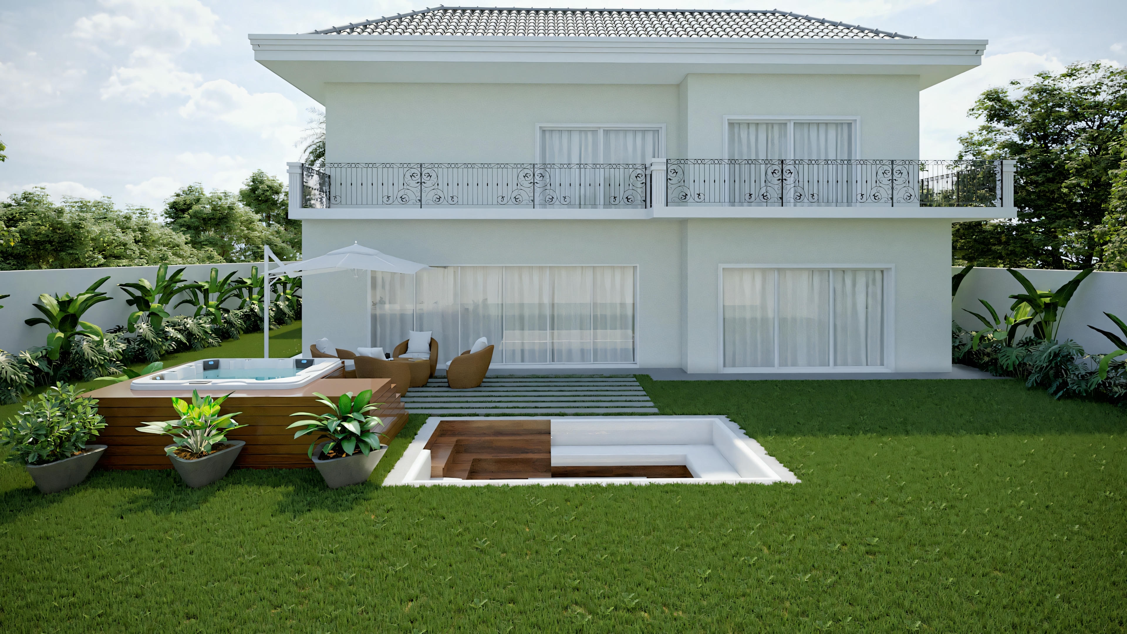 Vista completa de la fachada posterior del chalet neoclásico moderno (416.97m²), exhibiendo la terraza superior, jardín con spa en tarima y zona de convivencia rebajada (pozo de fuego).