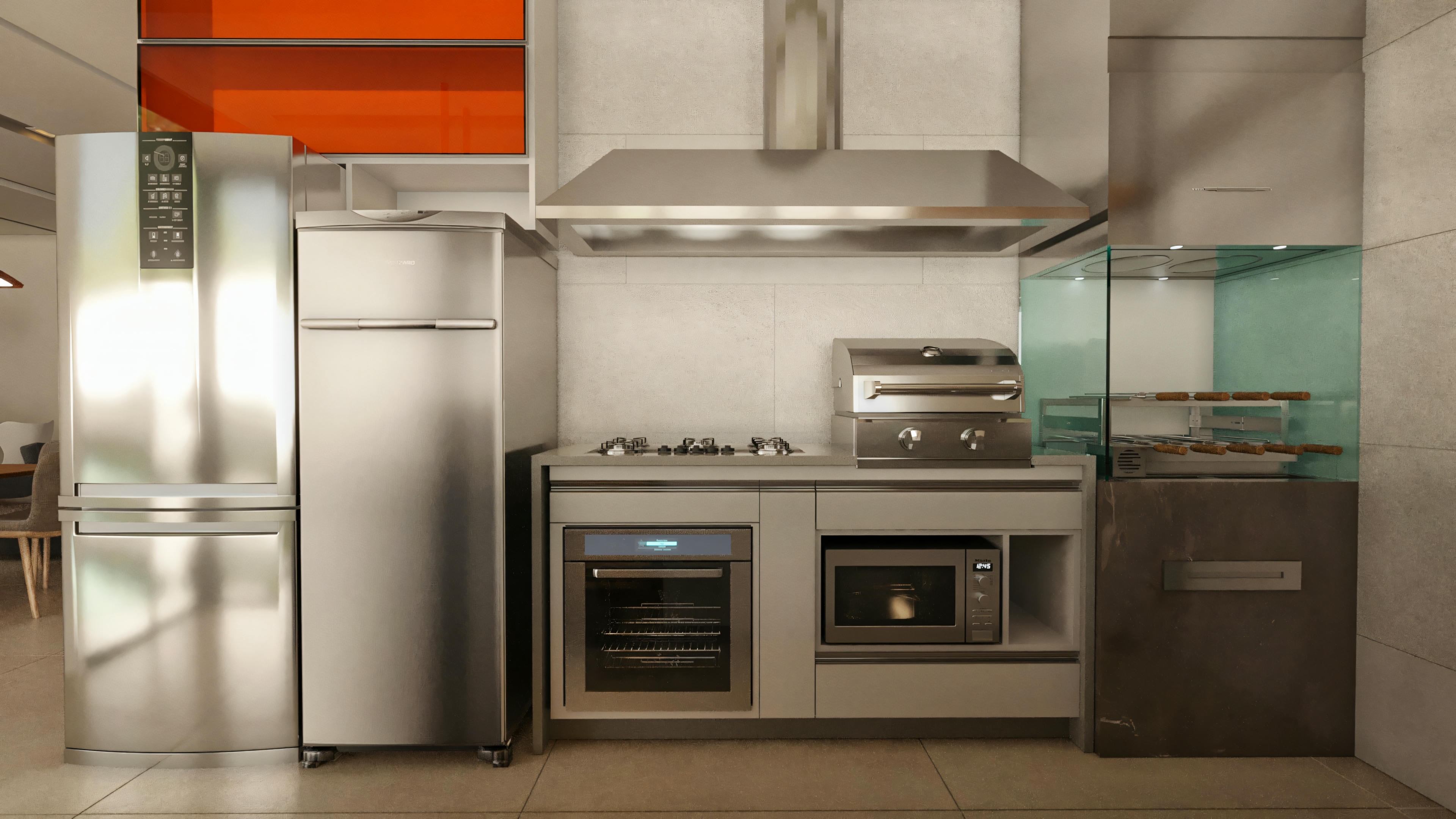 Área gourmet completa com churrasqueira vertical com espetos giratórios em vidro, grill de bancada, coifa industrial, cooktop, forno, micro-ondas, adega, e duas geladeiras em aço inox. Este espaço é um destaque no projeto de casa com 4 suítes, piscina e 394.84m² em terreno de 20x25.