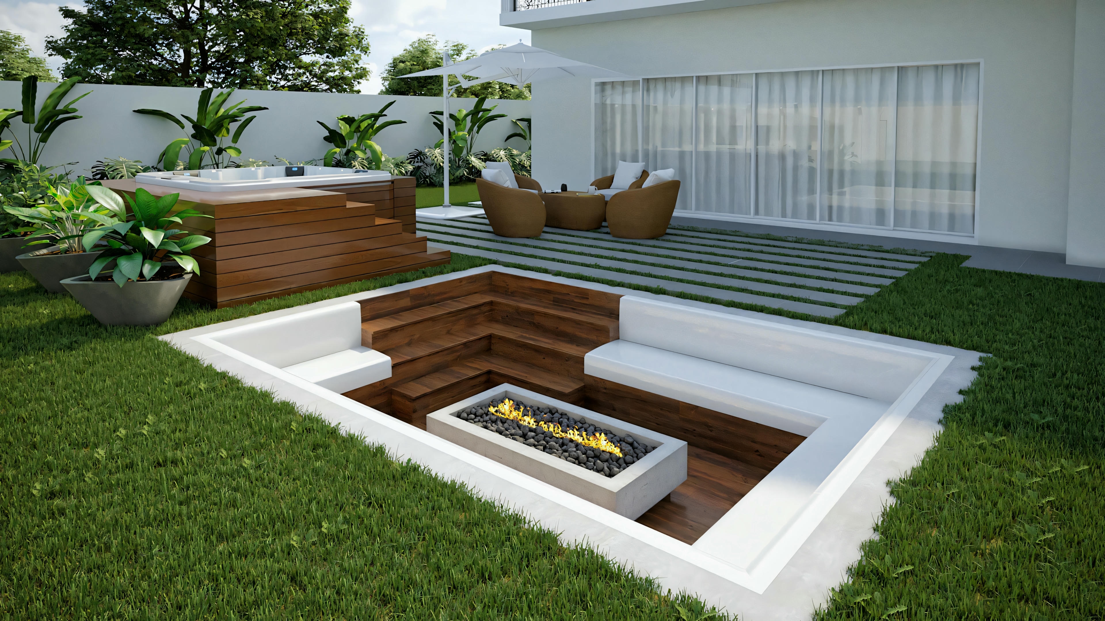 Área de lazer no jardim de casa neoclássica, com destaque para o lounge rebaixado com lareira (fire pit) e degraus de madeira, ao lado do spa elevado em deck.