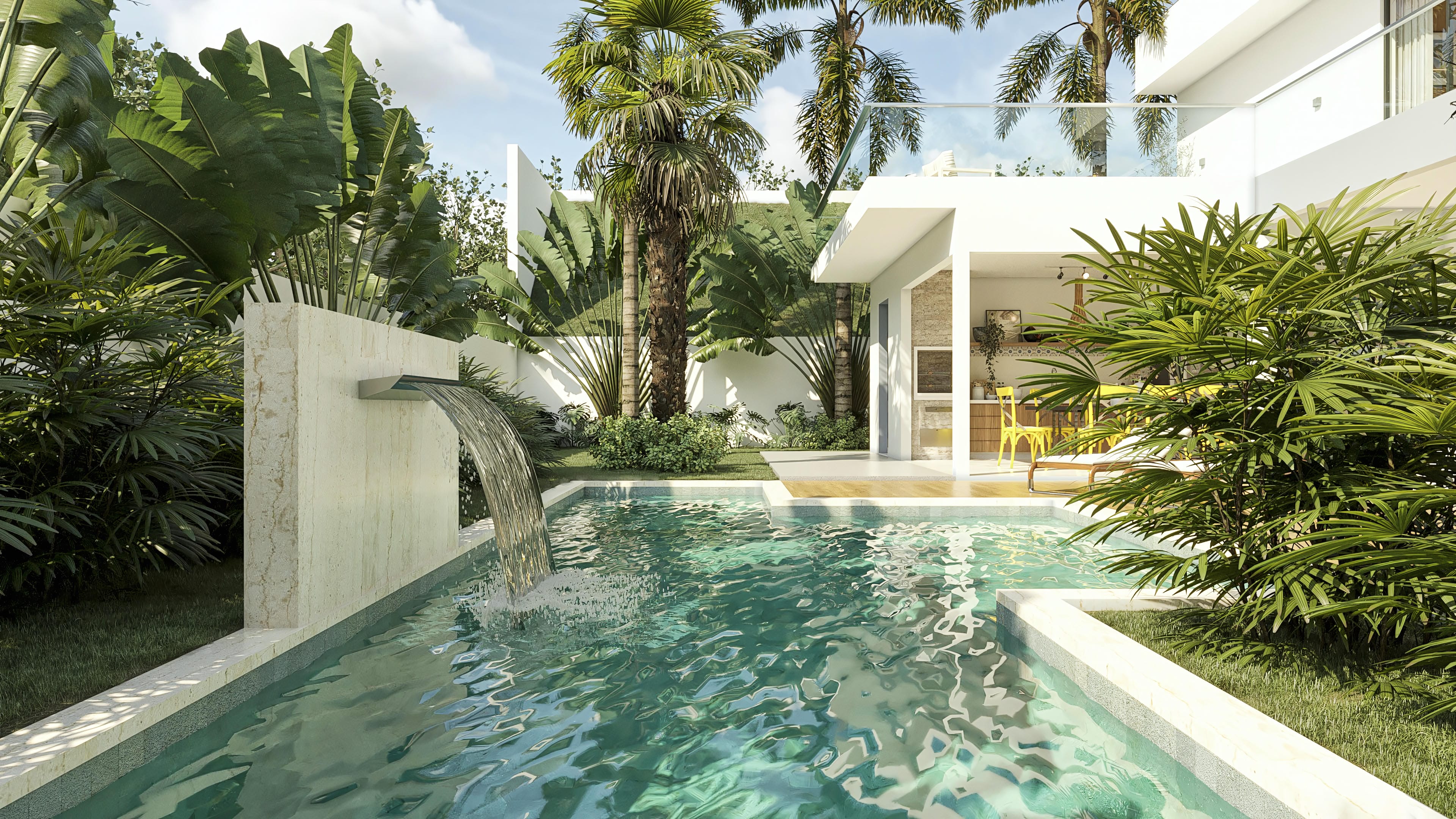 Fachada de casa de dos plantas moderna con 4 suites, piscina y área gourmet completa. Diseño contemporáneo con tejado a la vista, amplias ventanas y balcón con barandilla de cristal. Paredes blancas destacan la vegetación tropical y el exuberante paisajismo. El área de ocio con piscina y espacio gourmet invita a la convivencia familiar.