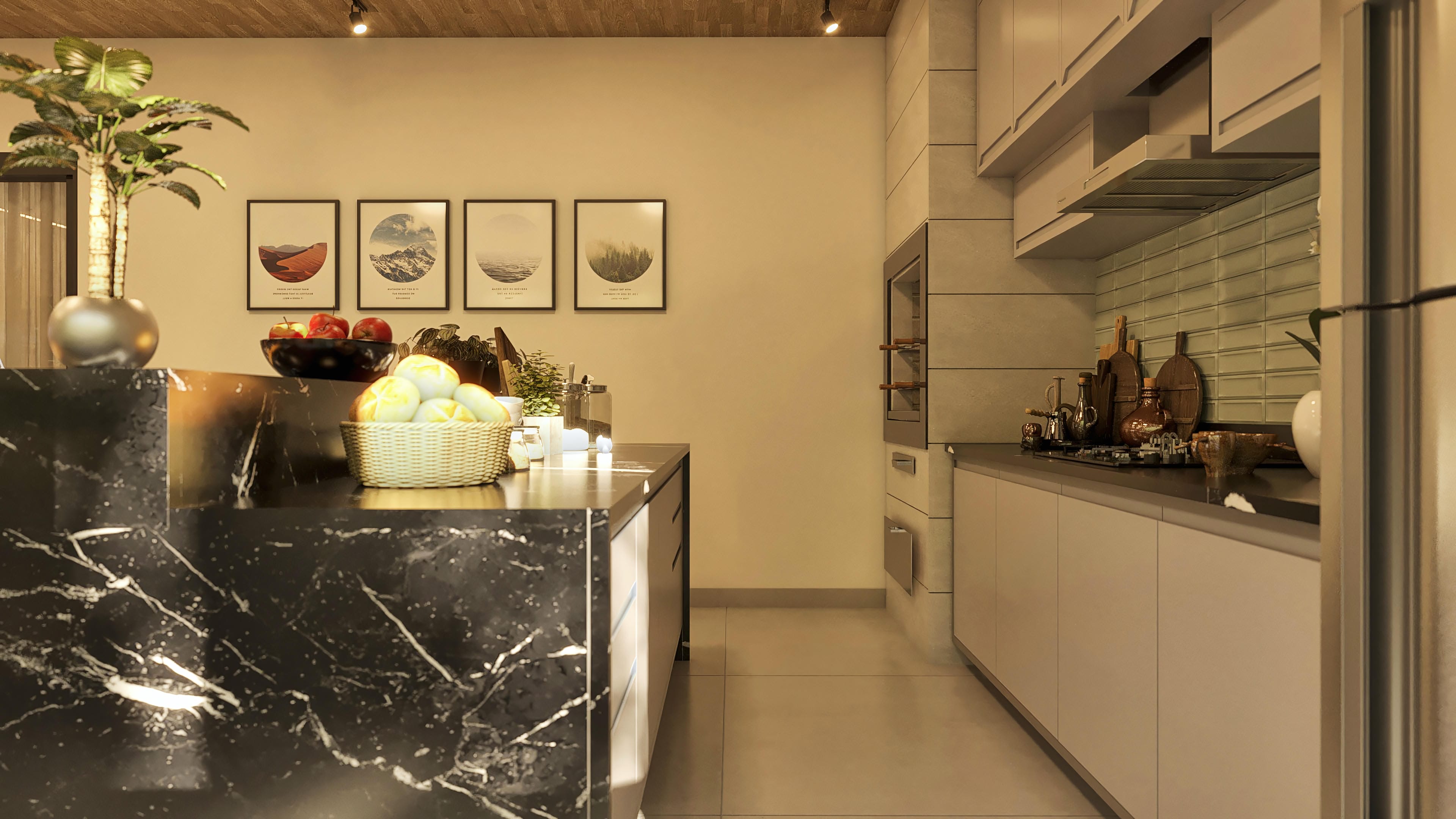 Detalhes da cozinha com bancada em mármore preto com veios brancos, armários claros e churrasqueira integrada. Piso em tom neutro e objetos decorativos.