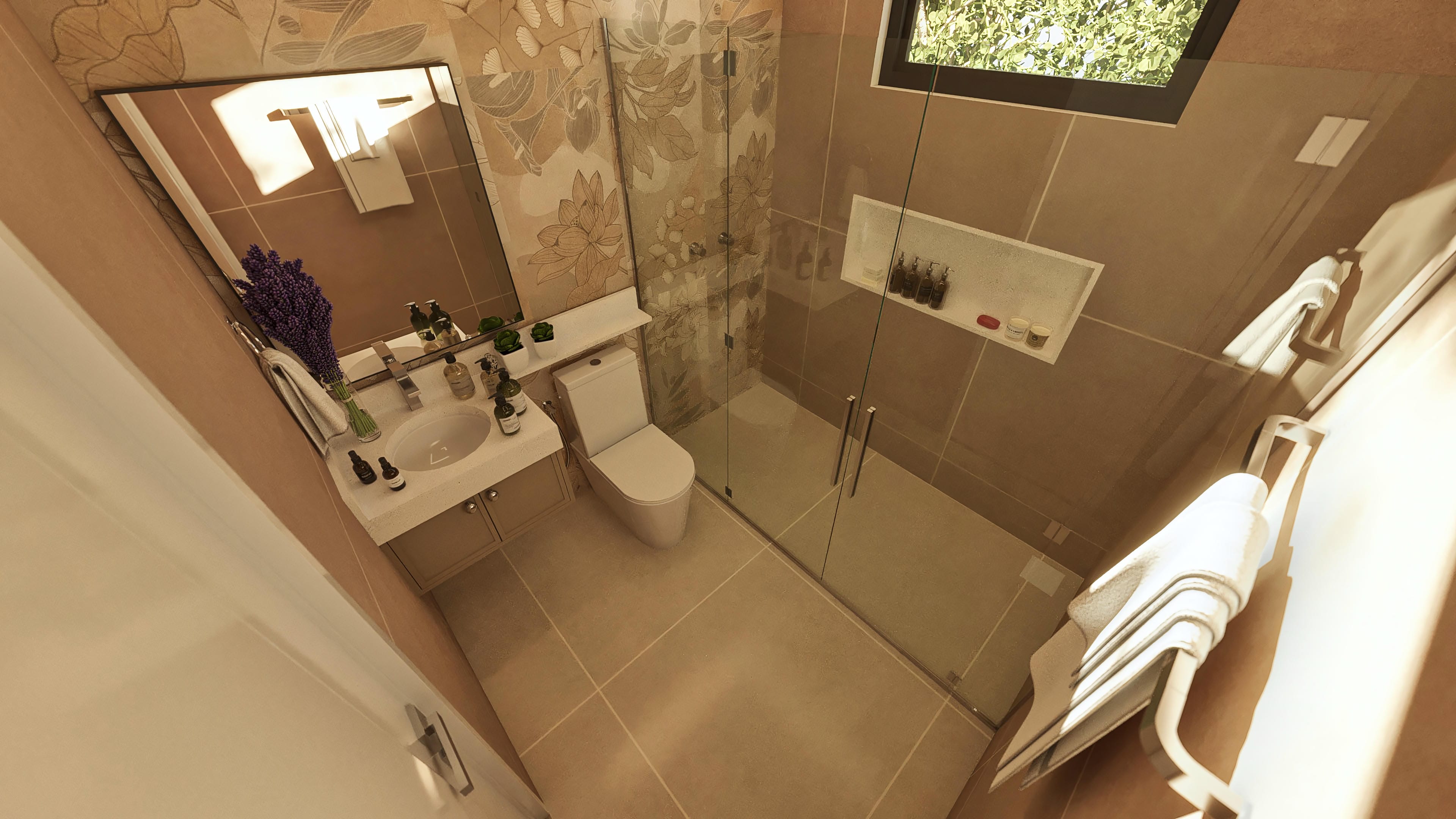 Suite bathroom with an earthy-toned counter, discreet floral wallpaper, and tempered glass shower box with brushed steel finish.
