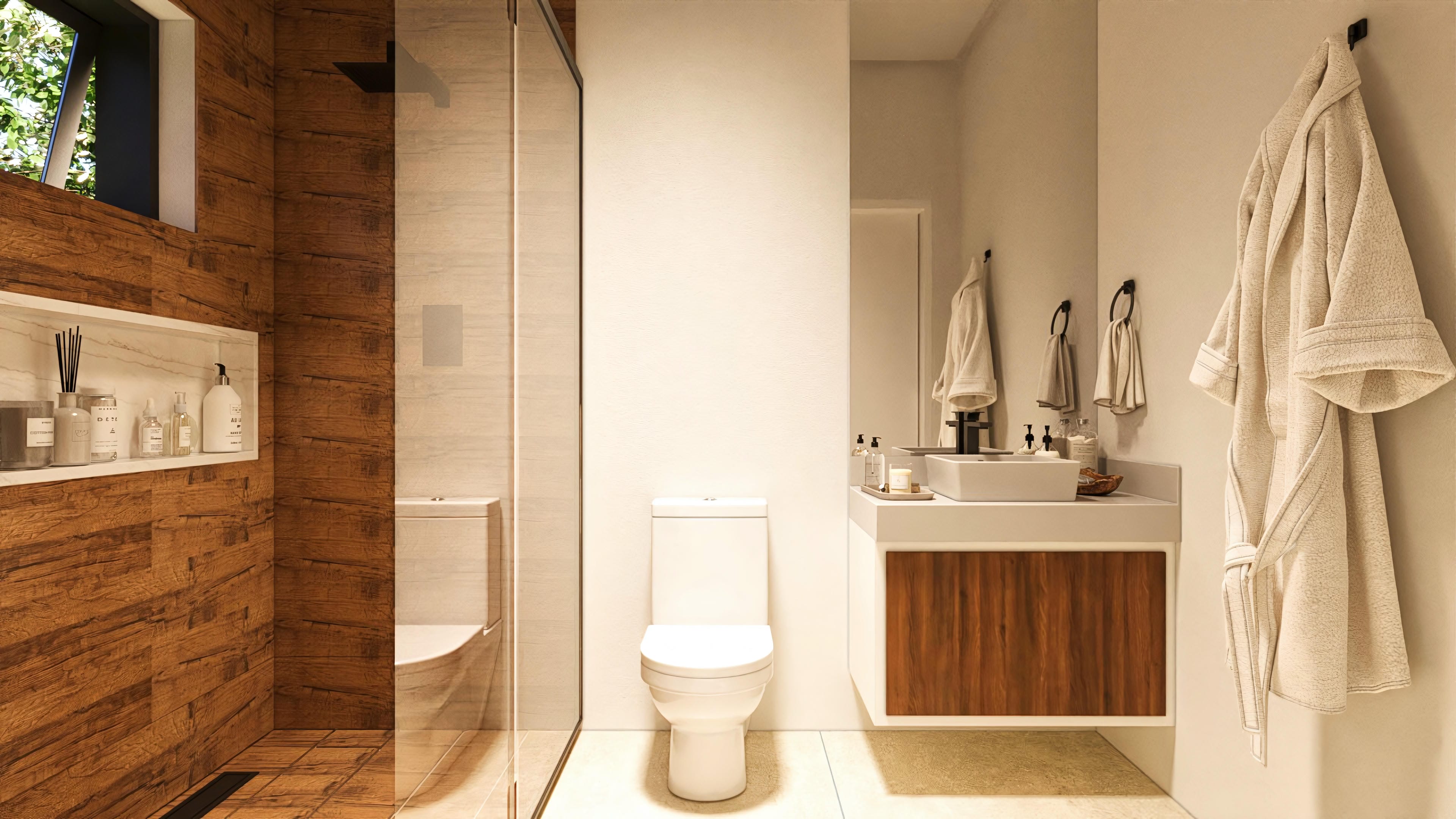 Details of a modern bathroom with rustic wood cladding, glass shower stall, white toilet, and countertop with sculpted sink.