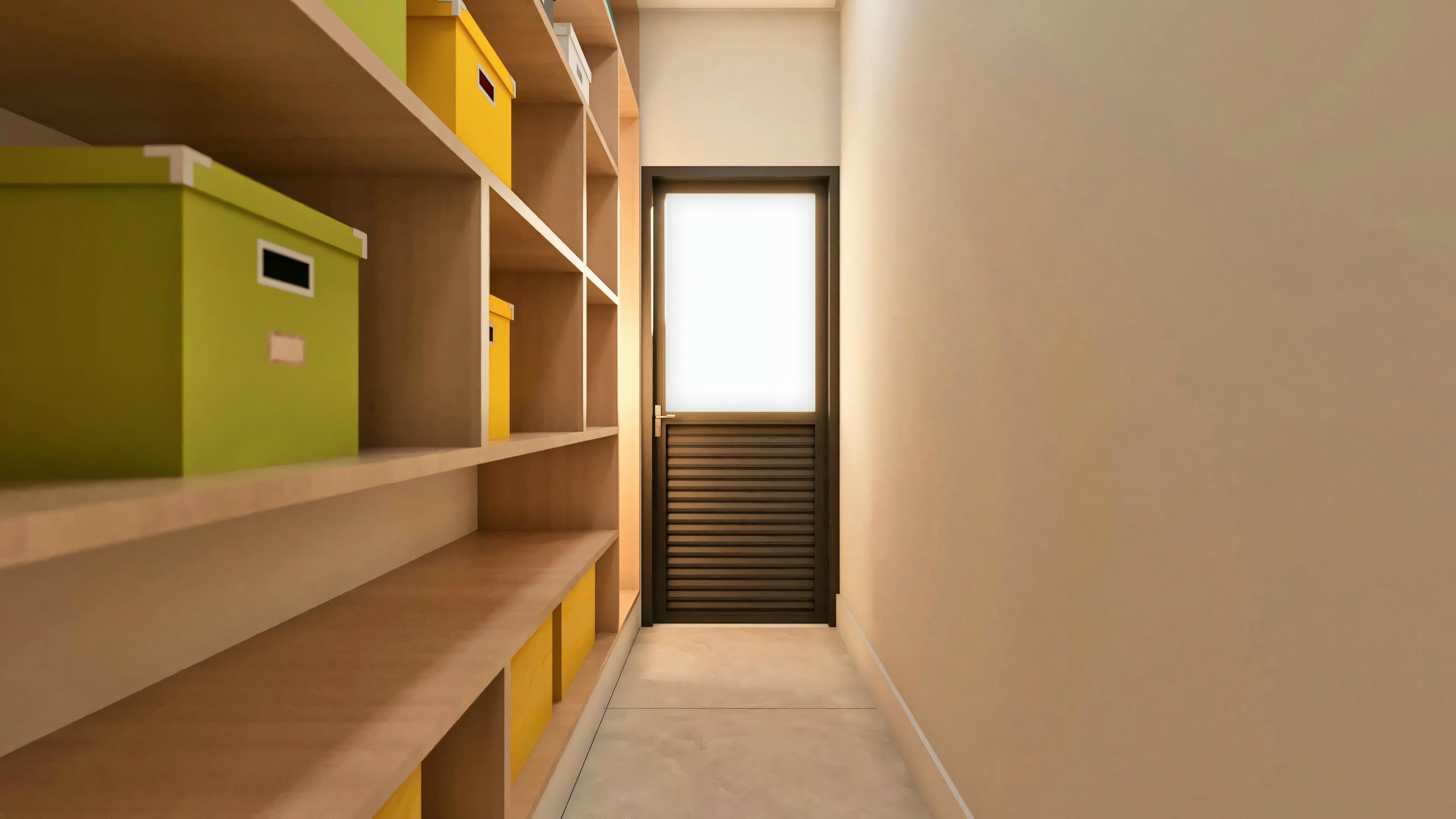 Pantry or storage area in a luxury house, equipped with floor-to-ceiling open wooden shelves for maximum organization and storage.