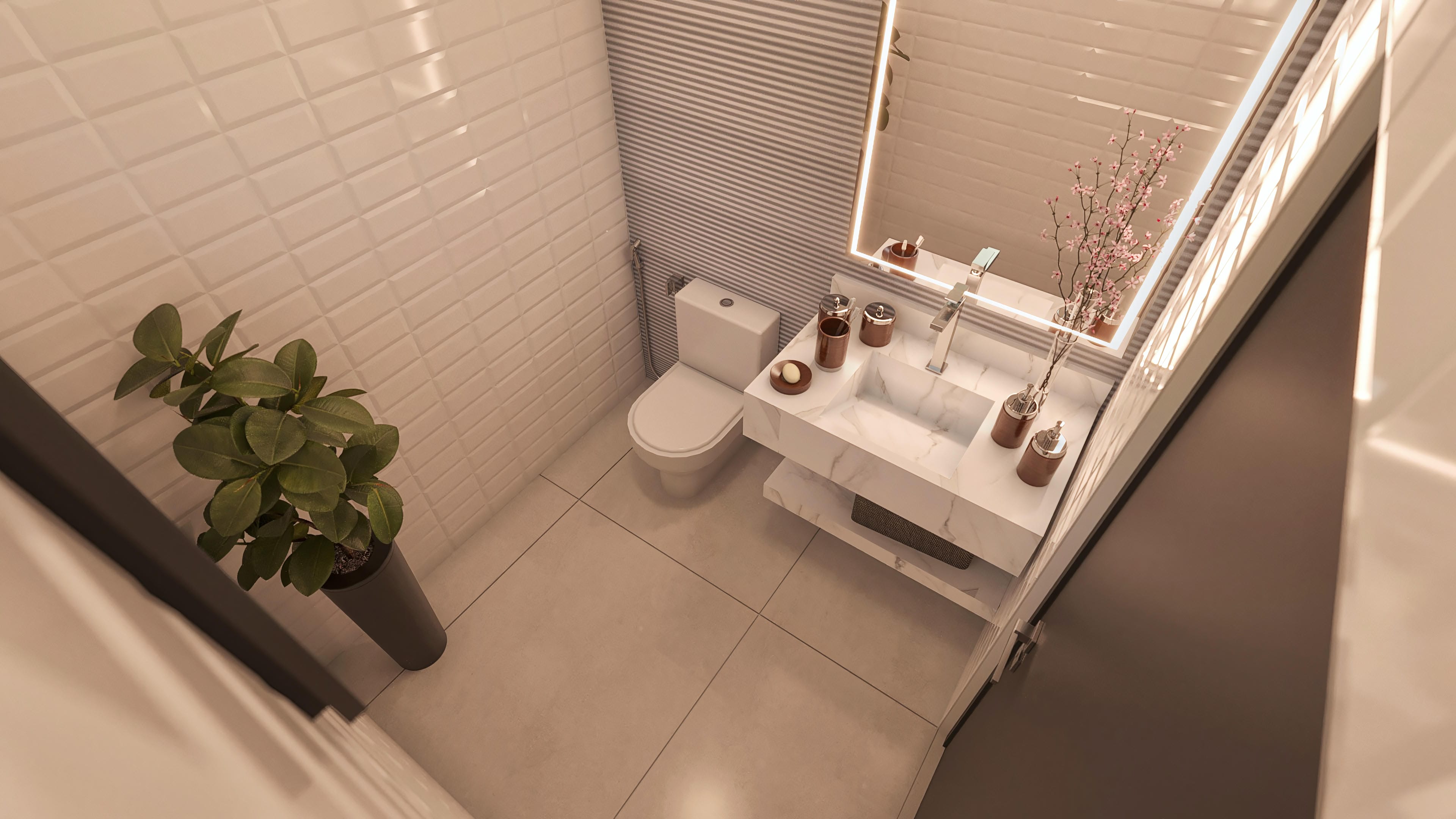 Interior of a modern bathroom with 3D wall tiles, a suspended marble countertop with sculpted sink, and chrome fixtures. Mirror with LED lighting and decorative details.