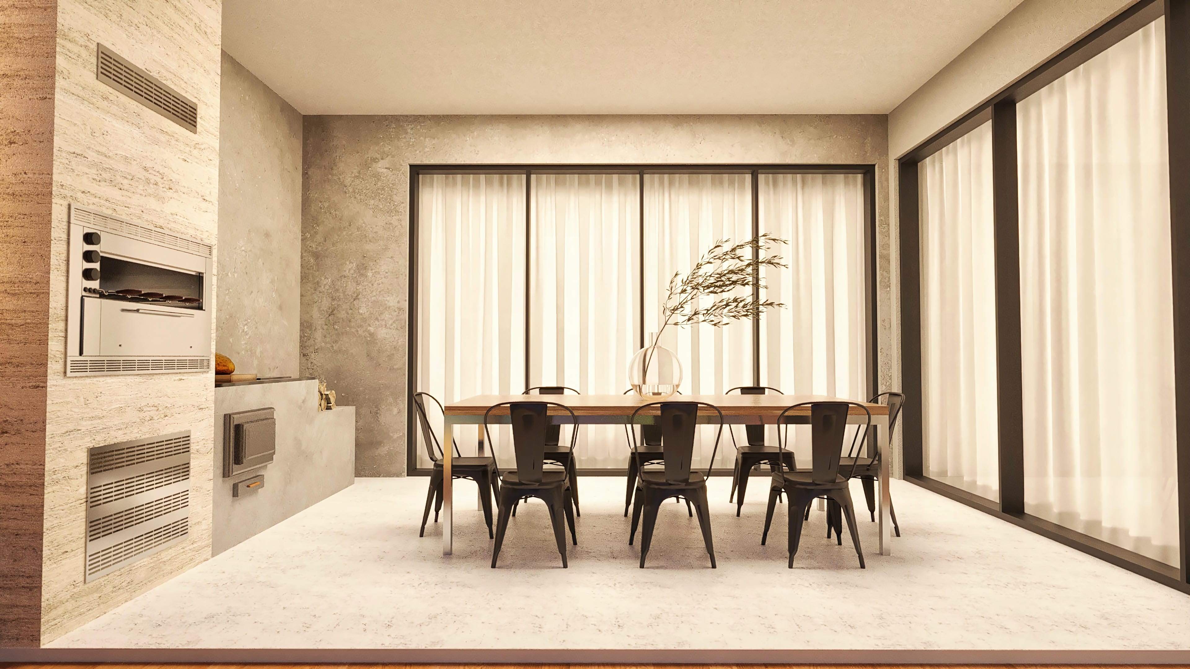 Modern interior with gourmet area and dining table. Detail of the built-in barbecue grill, textured walls in neutral tones, and large windows with light curtains.