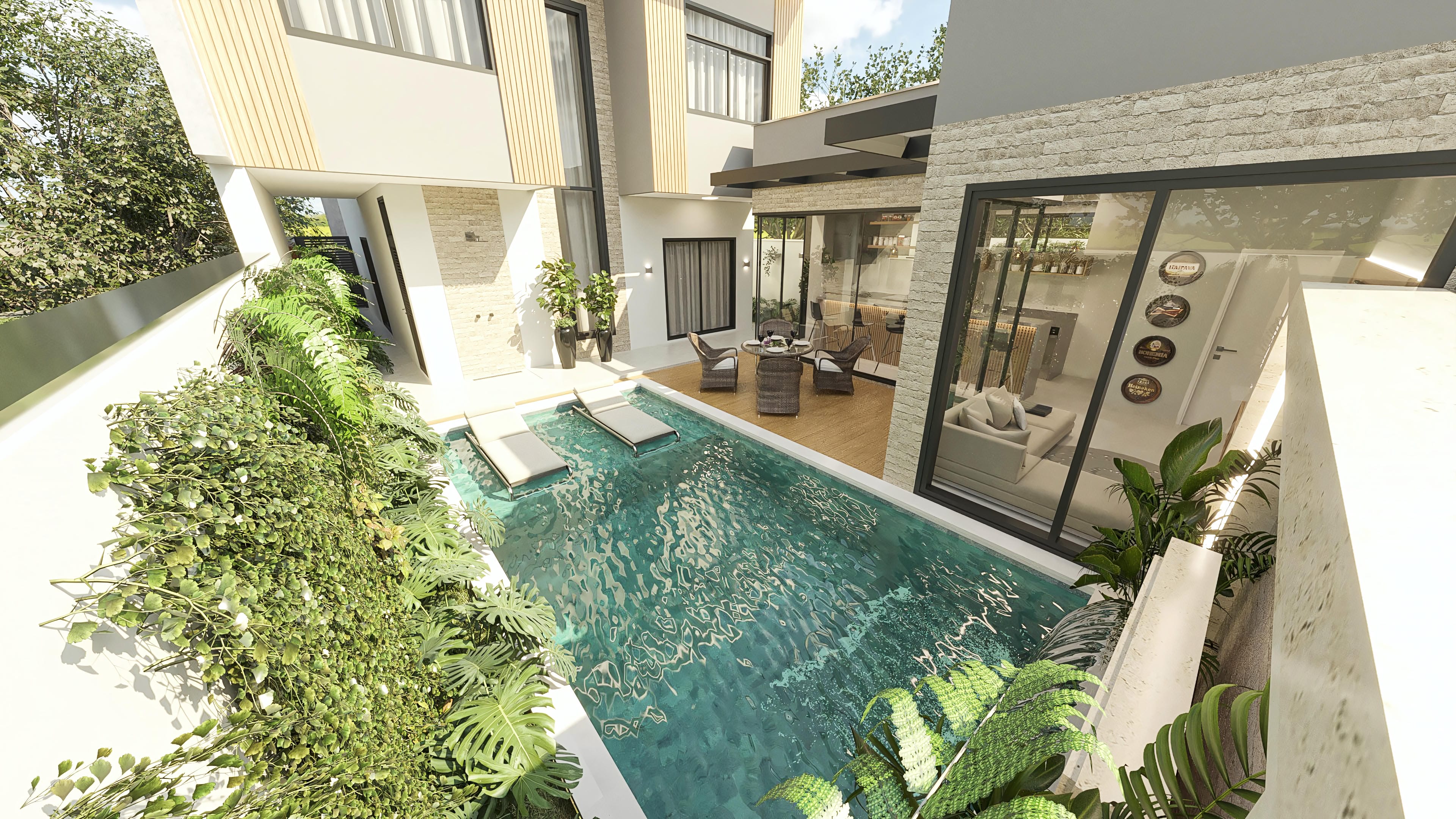 External view of a modern two-story house with a slatted wood and stone facade, and large glass windows. Leisure area with a crystal-clear pool and integrated gourmet space.
