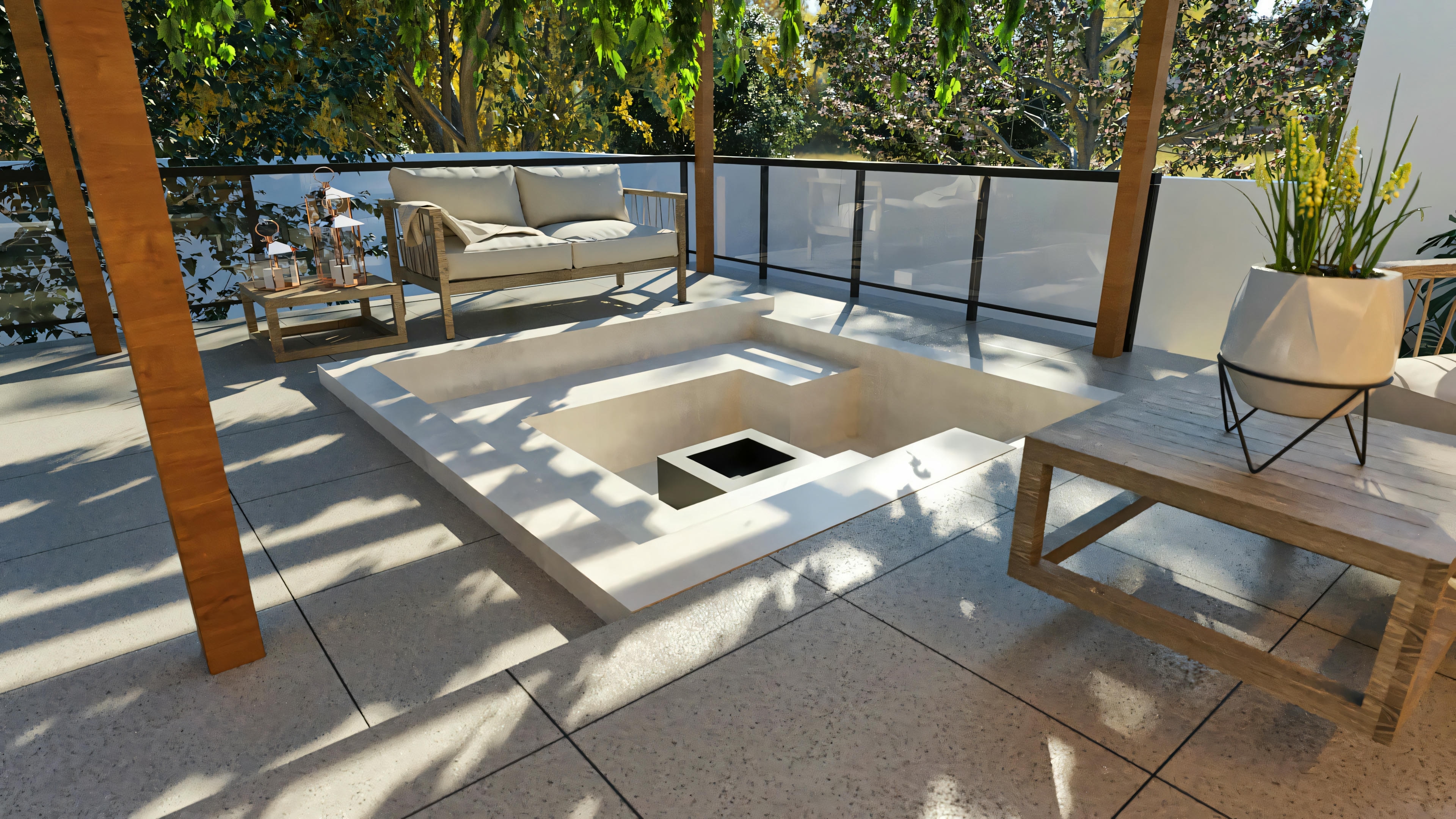 Enfoque en la chimenea externa (fire pit) en el área gourmet/terraza del proyecto de casa moderna e imponente. Estructura rebajada con lugar para fuego, rodeada por piso elevado para sentarse. Ambiente con pergola y muebles de exterior. Parte de la casa de 555.9m² con 4 suites y piscina.