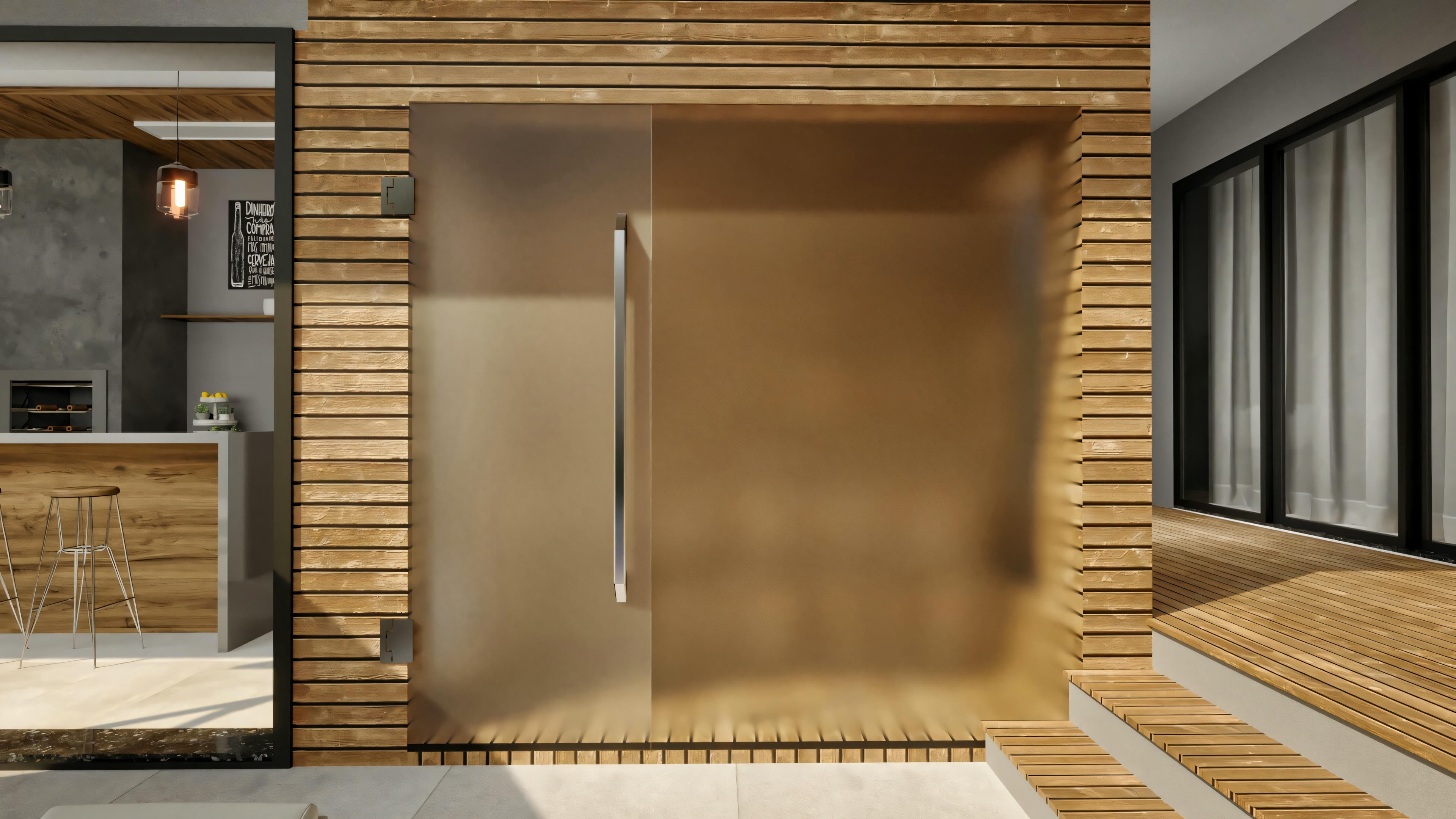 Puerta de vidrio mate con tirador vertical en acero inoxidable, instalada en vano con revestimiento de panel listonado de madera. Detalle constructivo del área de ocio de casa moderna con 4 suites (316.98m²), conectando al área gourmet y terraza de la terraza.