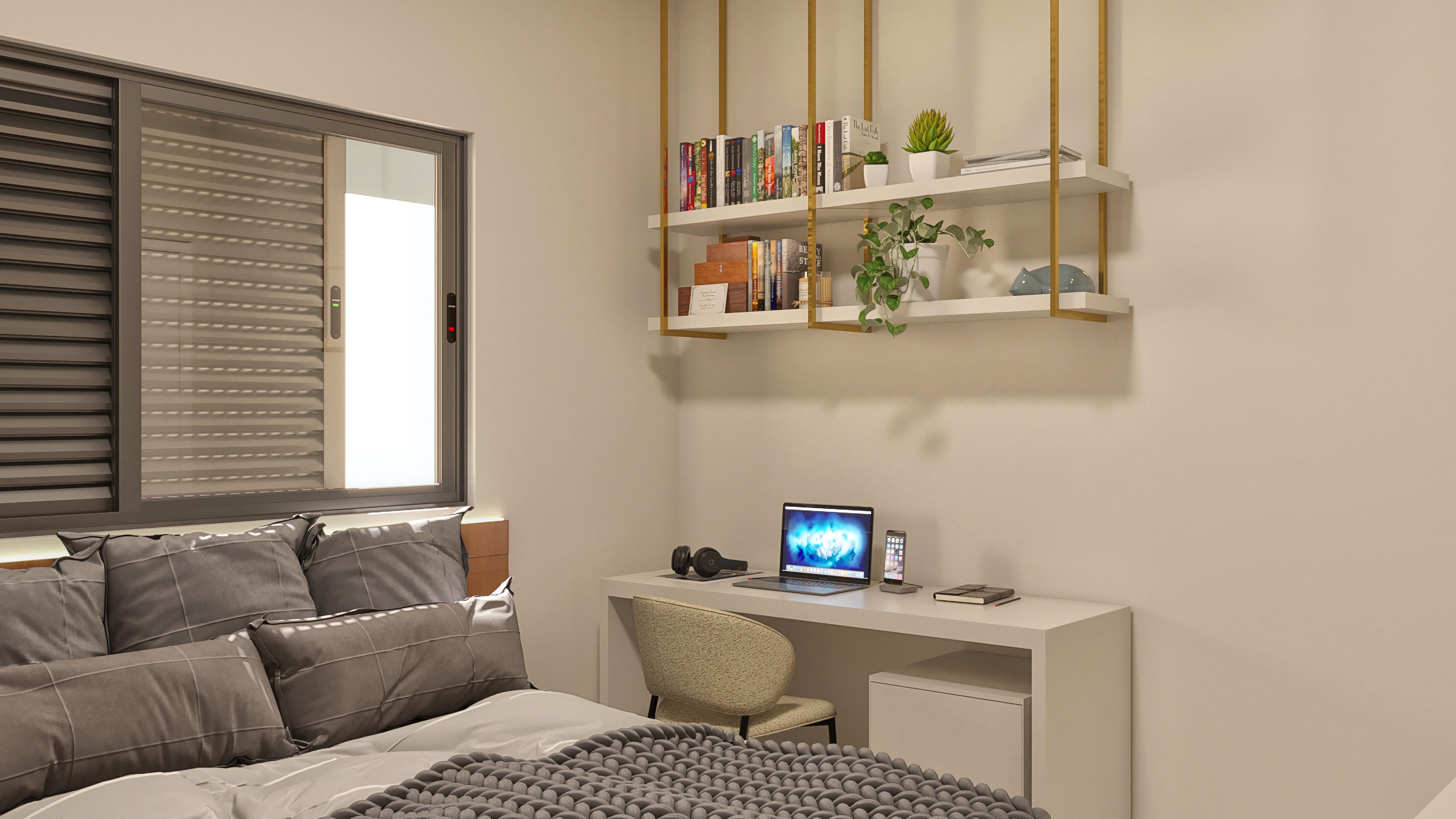 Interior de quarto com cama, escritório e prateleiras. Detalhe em arquitetura de interiores para projetos de luxo.